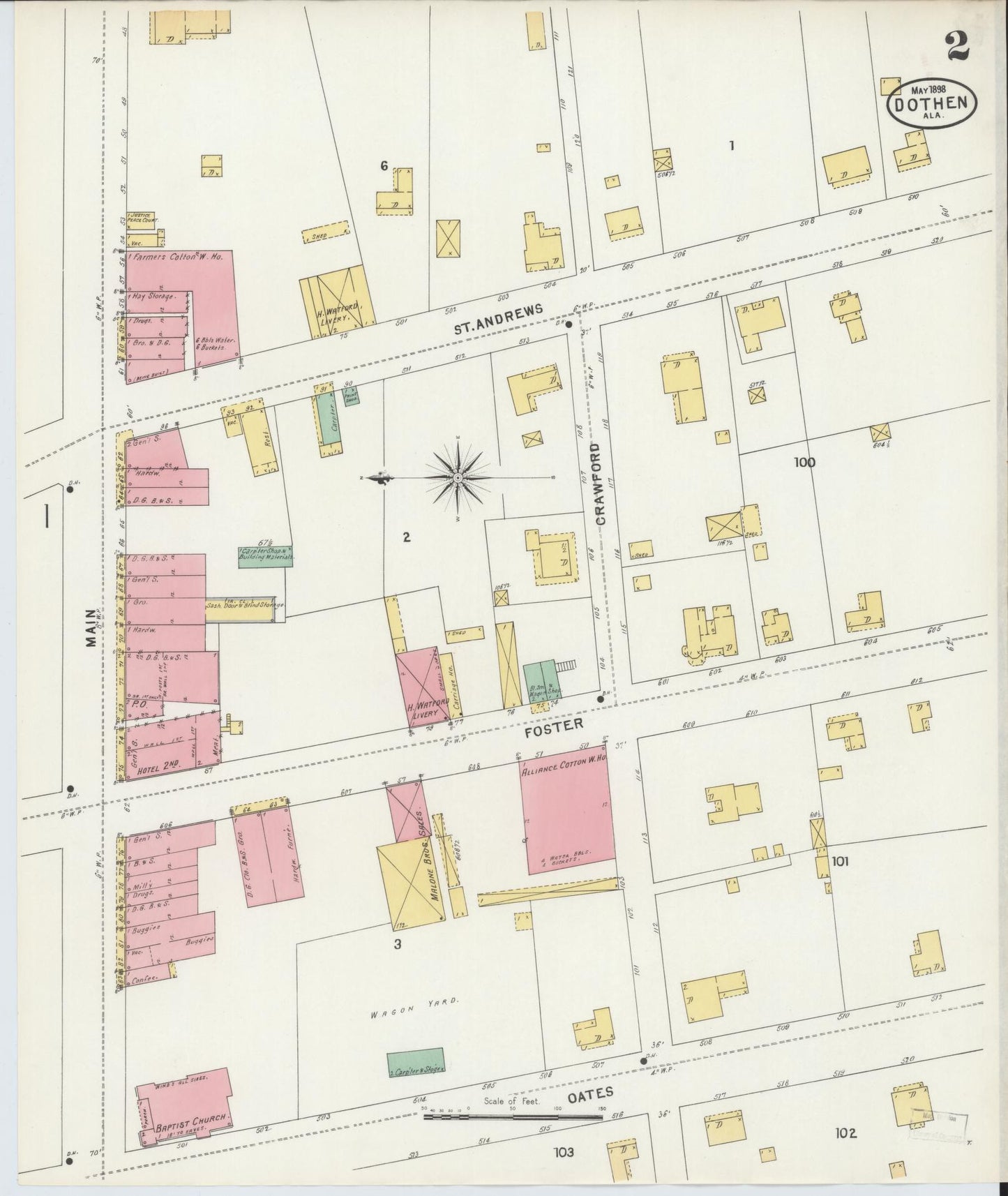 Sanborn Fire Insurance Map from Dothan, Houston County, Alabama (1898), Sheet #0002 - Historic Sanborn Fire Insurance Map Print, vintage old map wall art, antique decor, genealogy gift, Alabama Alabama map