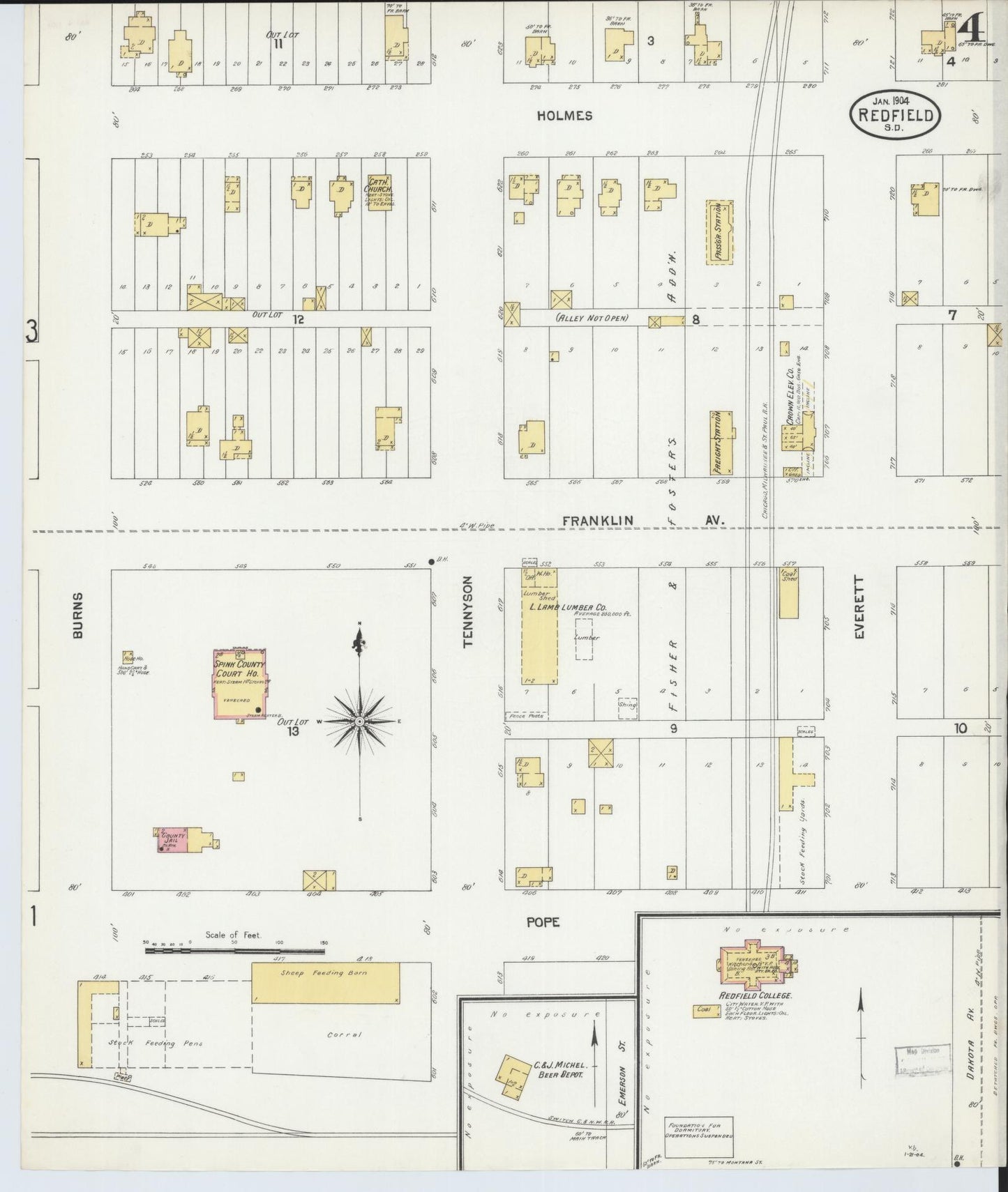 Sanborn Fire Insurance Map from Redfield, Spink County, South Dakota (1904), Sheet #0004 - Historic Sanborn Fire Insurance Map Print, vintage old map wall art, antique decor, genealogy gift, South Dakota South Dakota map