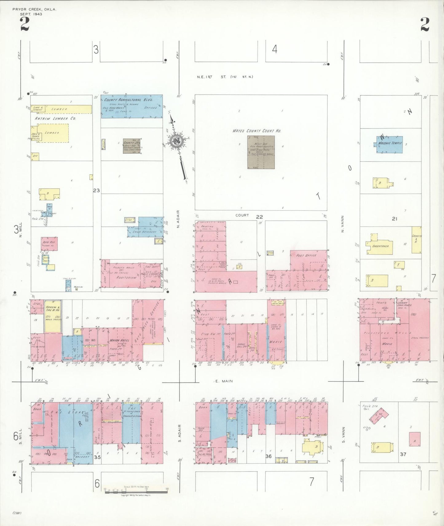 Sanborn Fire Insurance Map from Pryor Creek, Mayes County, Oklahoma (1943), Sheet #0002 - Historic Sanborn Fire Insurance Map Print, vintage old map wall art, antique decor, genealogy gift, Oklahoma Oklahoma map