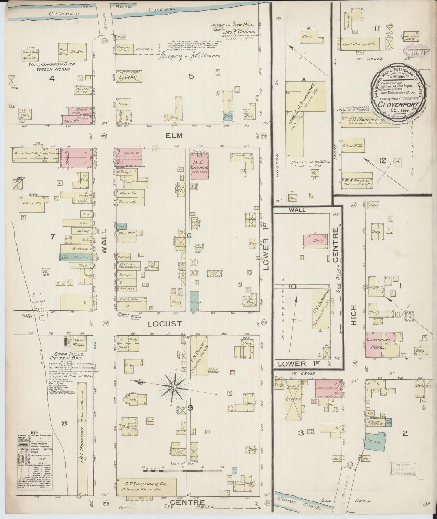 Sanborn Fire Insurance Map from Cloverport, Breckinridge County, Kentucky (1886), Sheet #0001 - Historic Sanborn Fire Insurance Map Print, vintage old map wall art, antique decor, genealogy gift, Kentucky Kentucky map