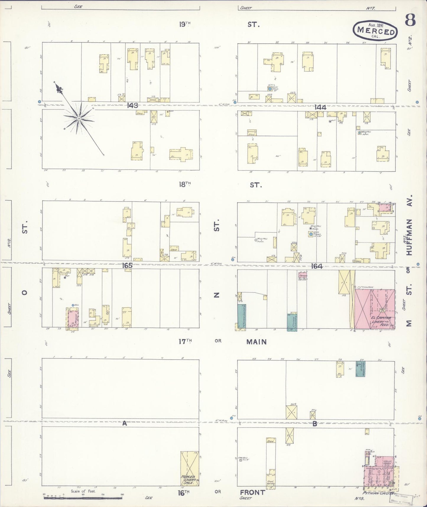 Sanborn Fire Insurance Map from Merced, Merced County, California (1891), Sheet #0008 - Historic Sanborn Fire Insurance Map Print, vintage old map wall art, antique decor, genealogy gift, California California map