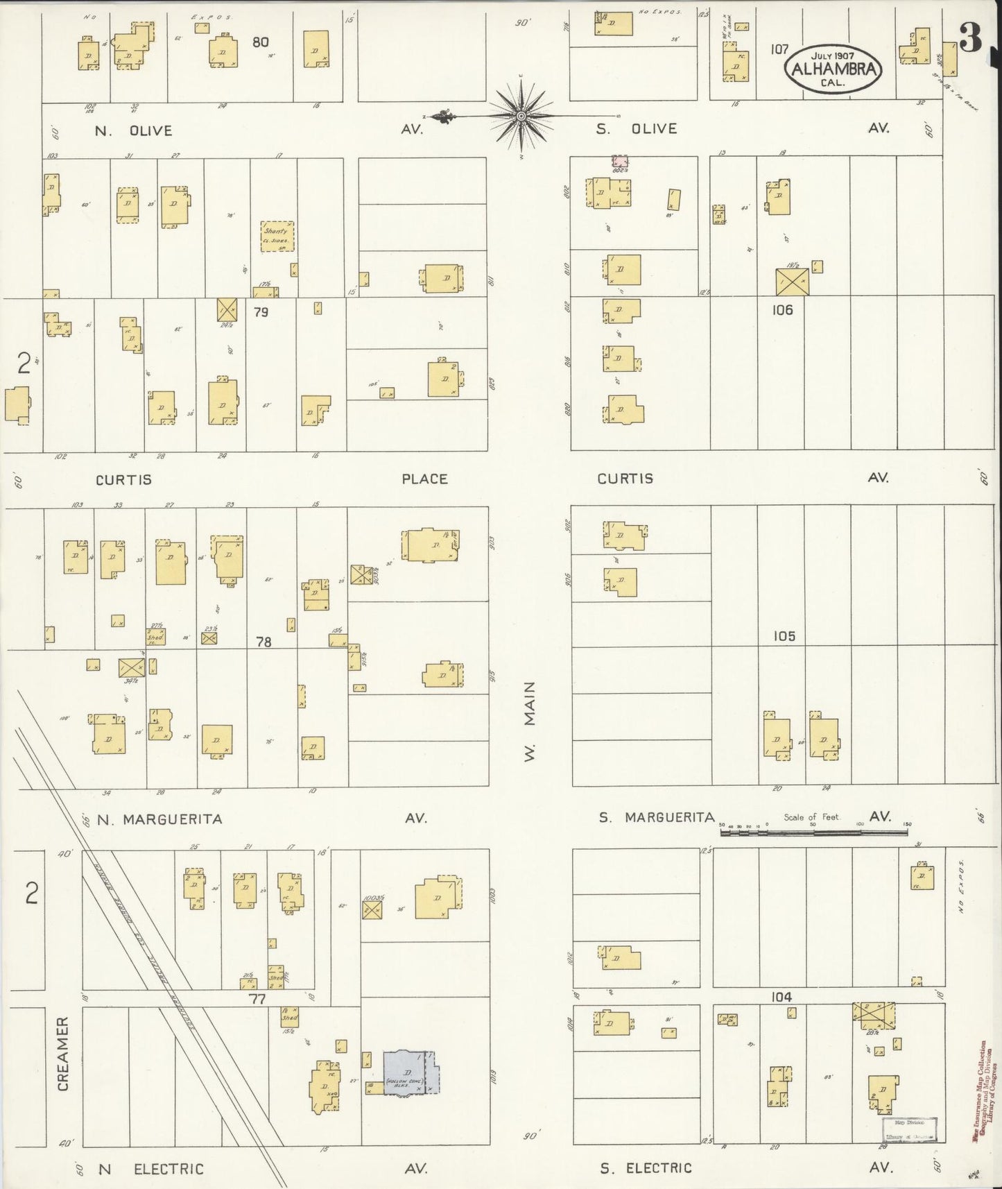 Sanborn Fire Insurance Map from Alhambra, Los Angeles County, California (1907), Sheet #0003 - Historic Sanborn Fire Insurance Map Print, vintage old map wall art, antique decor, genealogy gift, California California map
