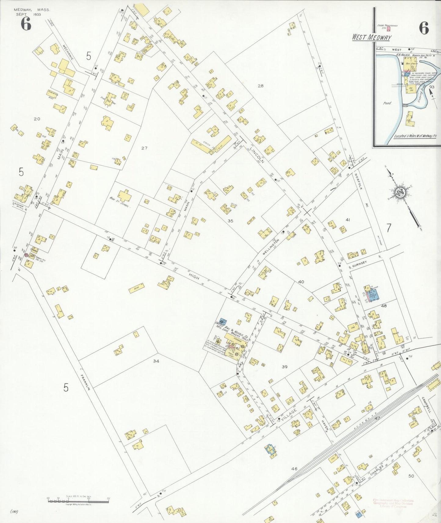 Sanborn Fire Insurance Map from Medway, Norfolk County, Massachusetts (1933), Sheet #0006 - Historic Sanborn Fire Insurance Map Print, vintage old map wall art, antique decor, genealogy gift, Massachusetts Massachusetts map