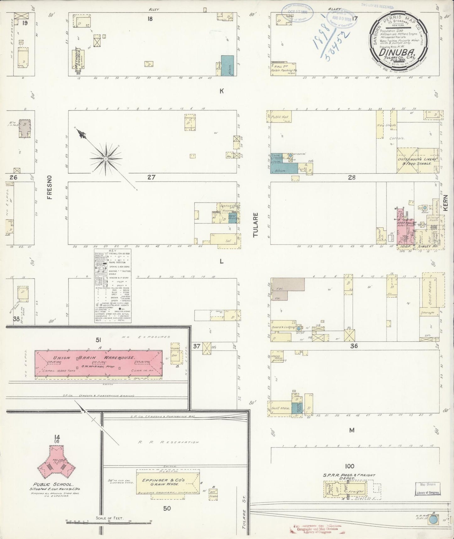 Sanborn Fire Insurance Map from Dinuba, Tulare County, California (1898), Sheet #0001 - Historic Sanborn Fire Insurance Map Print, vintage old map wall art, antique decor, genealogy gift, California California map