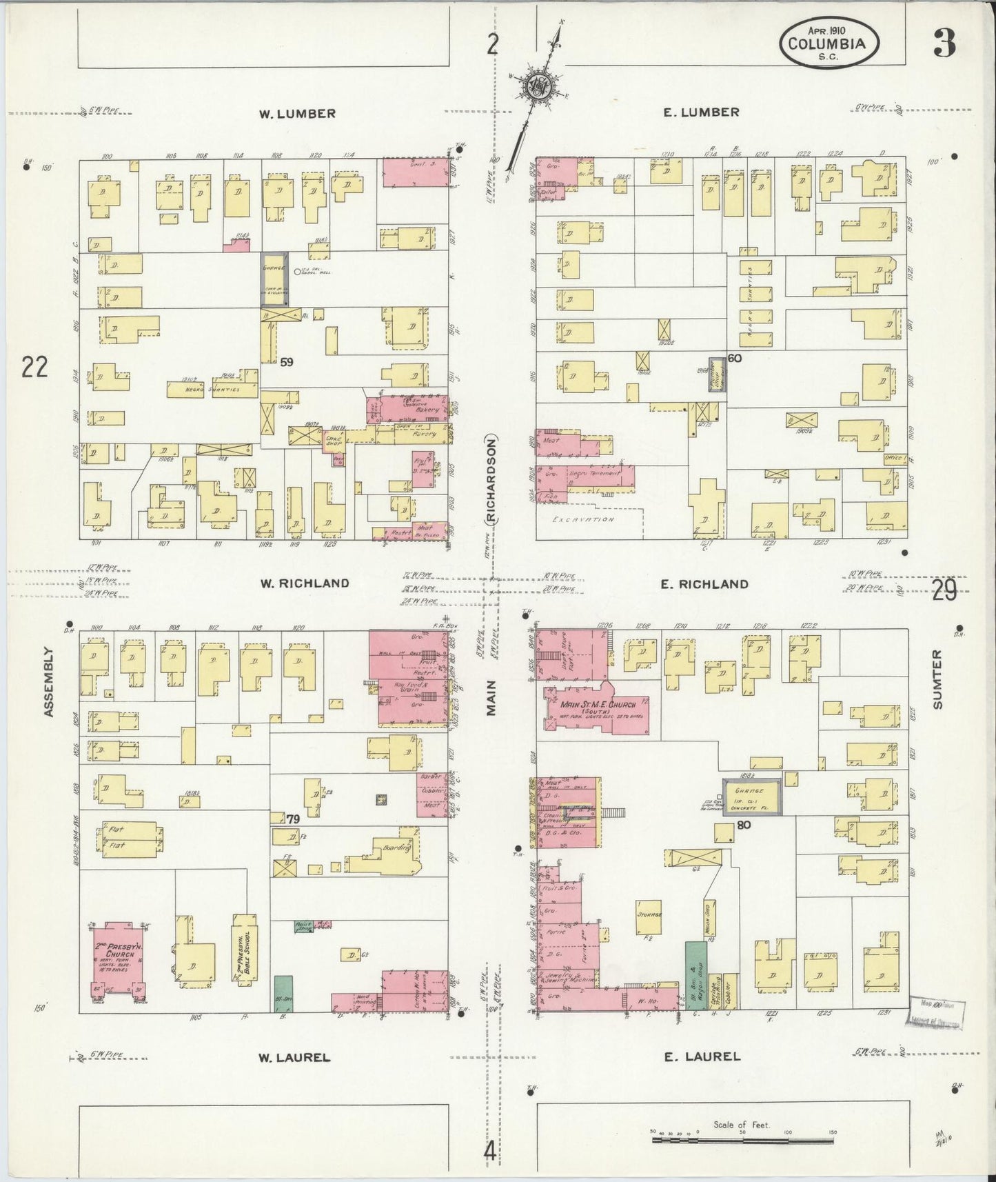 Sanborn Fire Insurance Map from Columbia, Richland County, South Carolina (1910), Sheet #0003 - Historic Sanborn Fire Insurance Map Print, vintage old map wall art, antique decor, genealogy gift, South Carolina South Carolina map