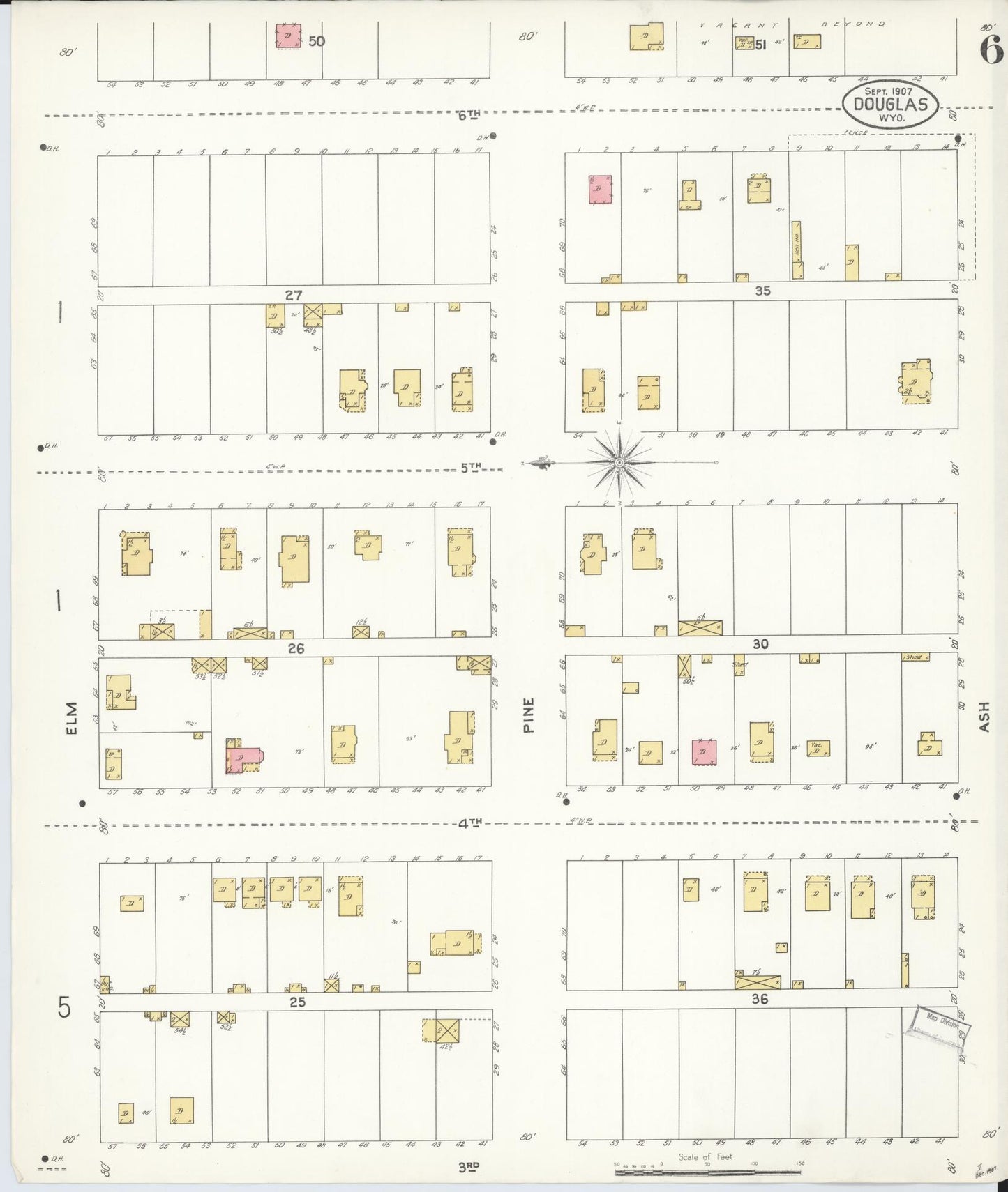 Sanborn Fire Insurance Map from Douglas, Converse County, Wyoming (1907), Sheet #0006 - Complete Map Set gallery image, historic Sanborn map, vintage wall art, Wyoming Wyoming