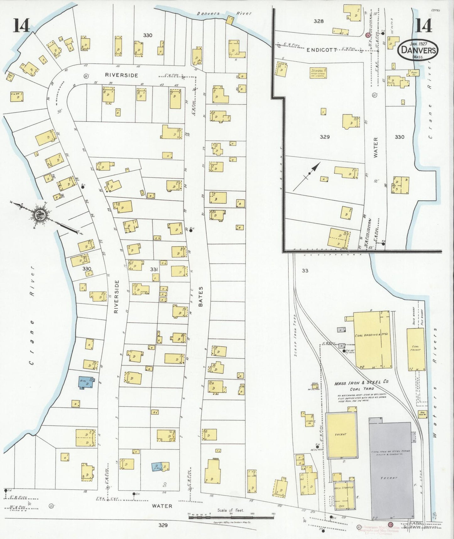 Sanborn Fire Insurance Map from Danvers, Essex County, Massachusetts (1927), Sheet #0014 - Historic Sanborn Fire Insurance Map Print, vintage old map wall art, antique decor, genealogy gift, Massachusetts Massachusetts map