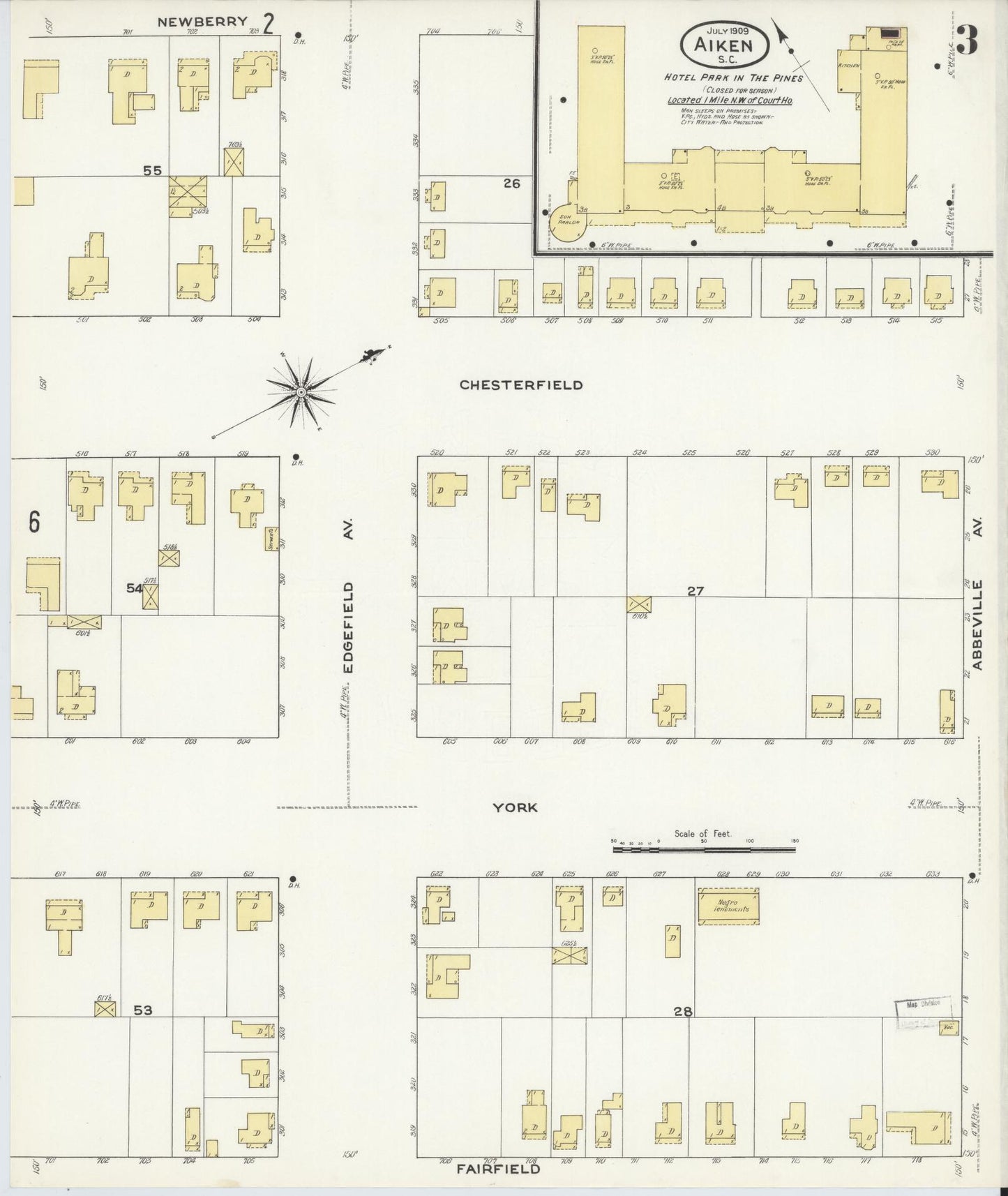 Sanborn Fire Insurance Map from Aiken, Aiken County, South Carolina (1909), Sheet #0003 - Historic Sanborn Fire Insurance Map Print, vintage old map wall art, antique decor, genealogy gift, South Carolina South Carolina map