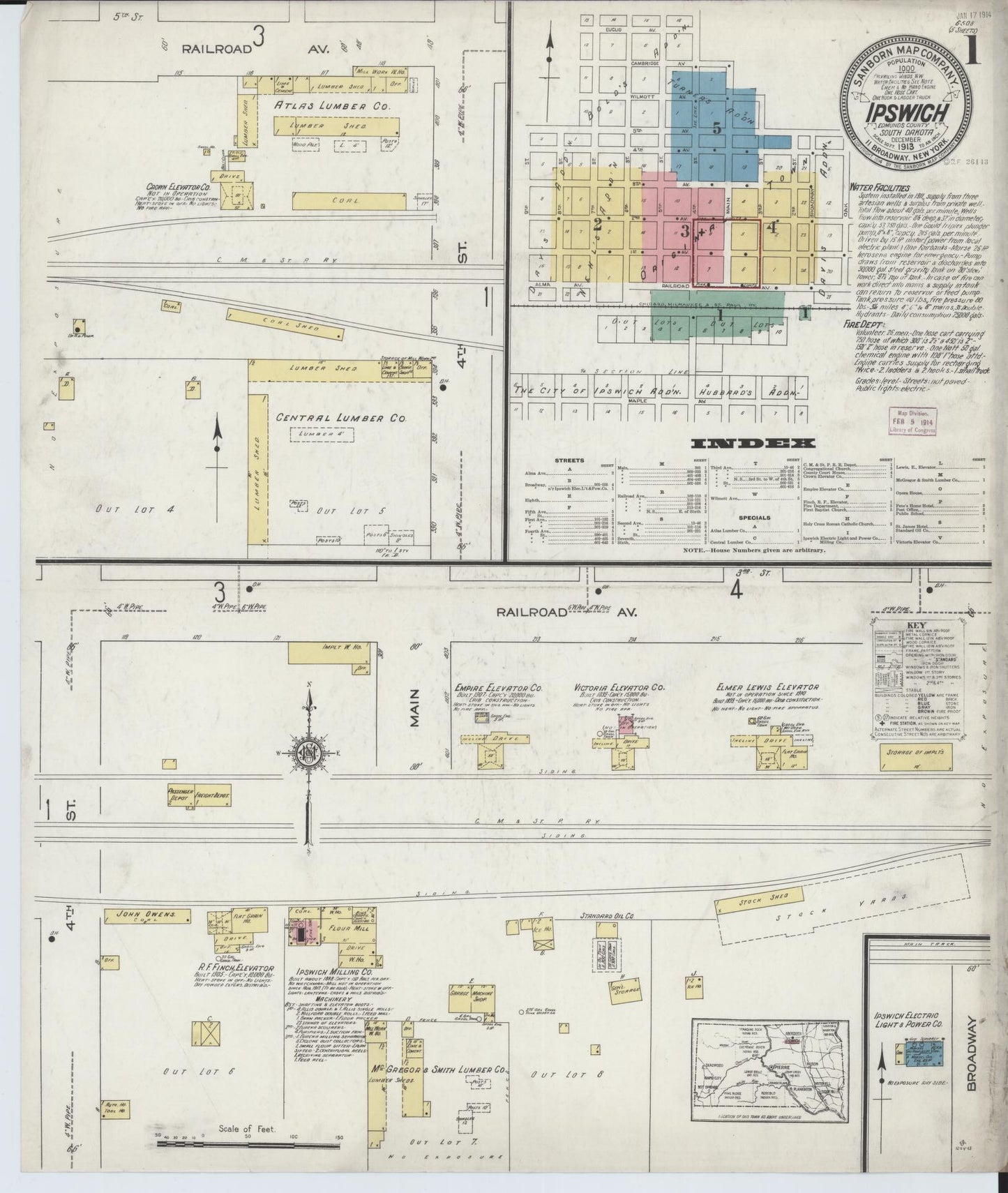 Sanborn Fire Insurance Map from Ipswich, Edmunds County, South Dakota (1913), Sheet #0001 - Historic Sanborn Fire Insurance Map Print, vintage old map wall art, antique decor, genealogy gift, South Dakota South Dakota map