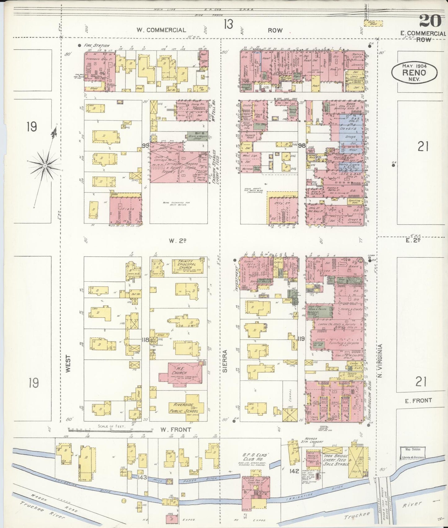Sanborn Fire Insurance Map from Reno, Washoe County, Nevada (1904), Sheet #0020 - Historic Sanborn Fire Insurance Map Print, vintage old map wall art, antique decor, genealogy gift, Nevada Nevada map