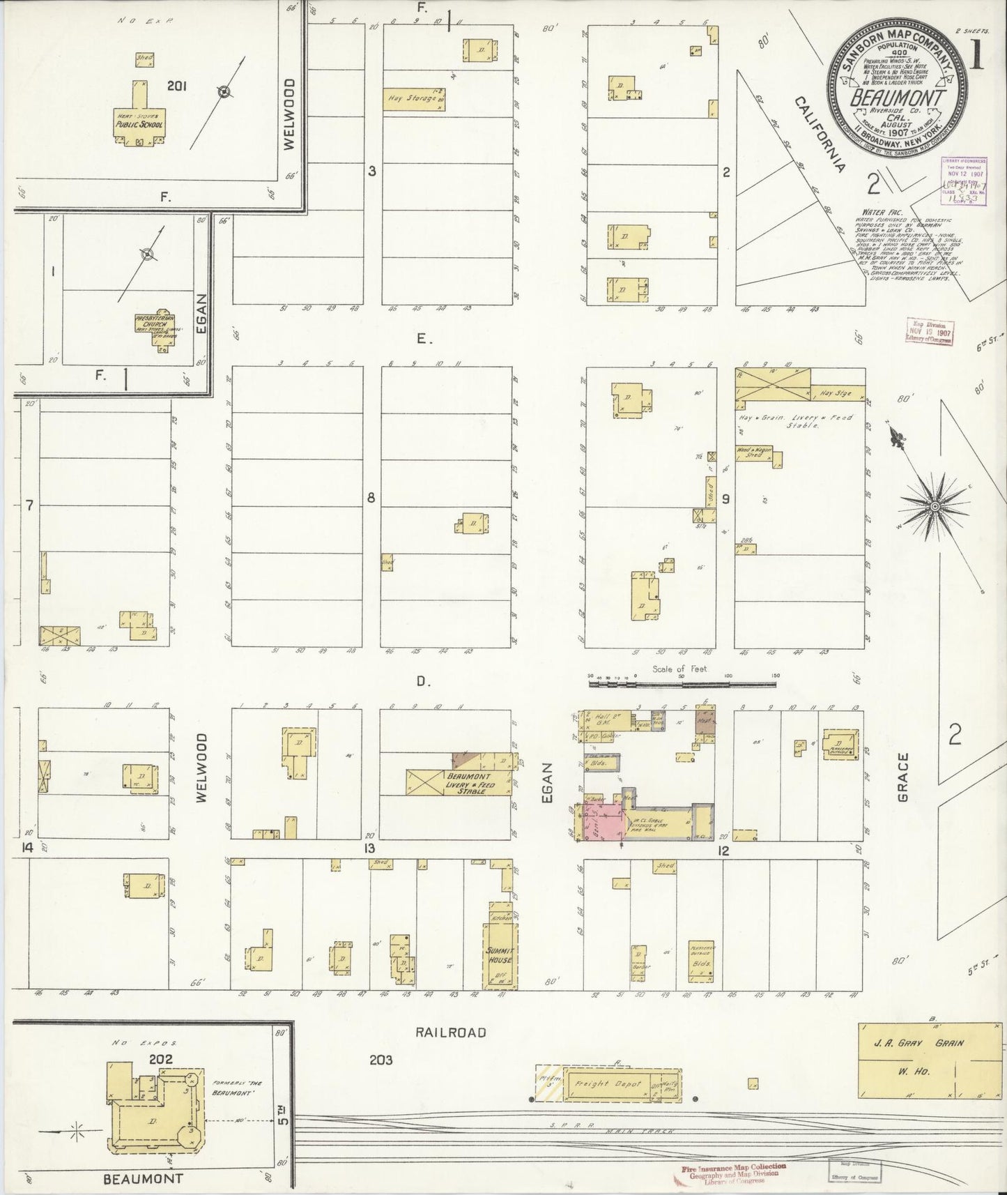 Sanborn Fire Insurance Map from Beaumont, Riverside County, California (1907), Sheet #0001 - Historic Sanborn Fire Insurance Map Print, vintage old map wall art, antique decor, genealogy gift, California California map