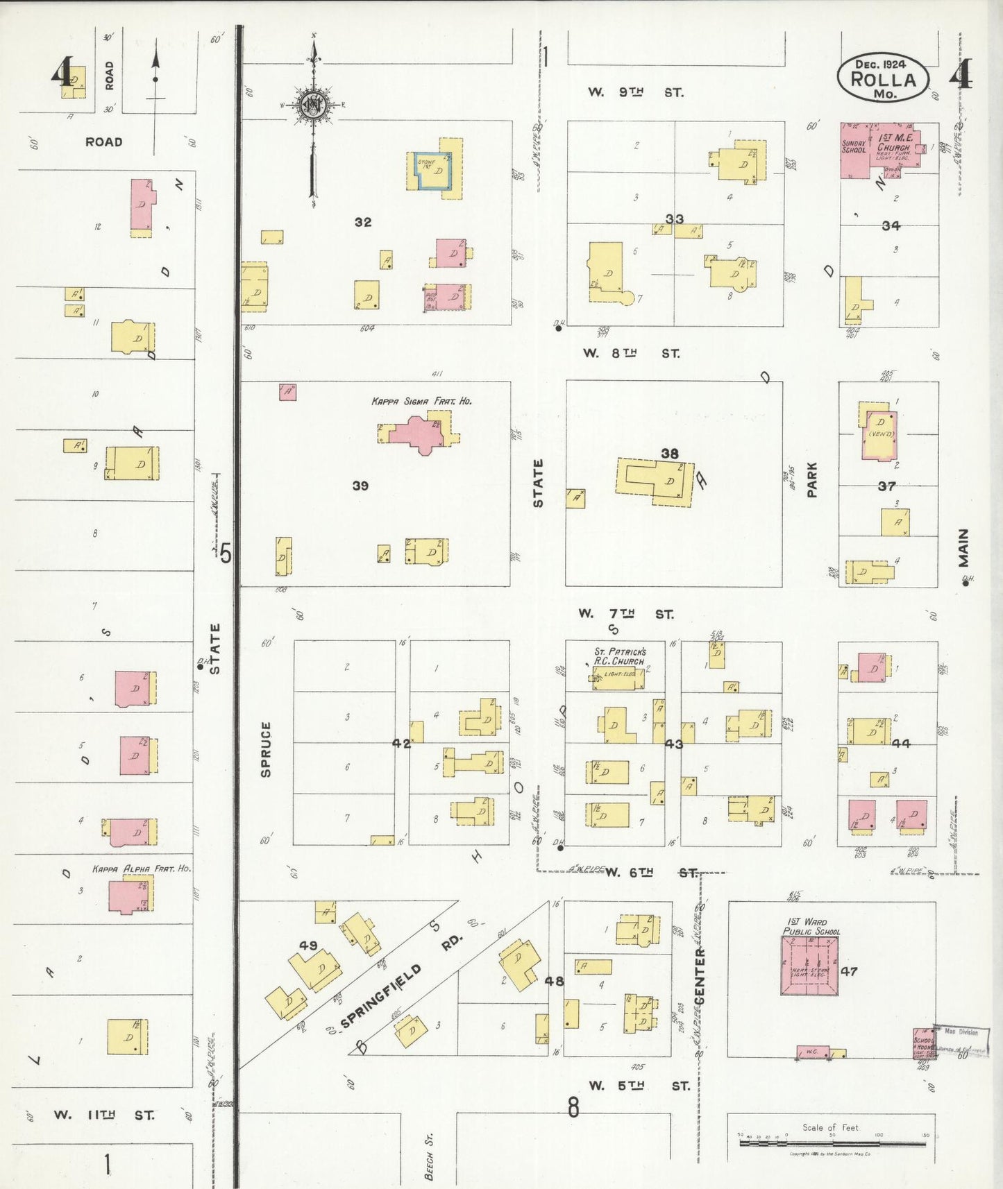 Sanborn Fire Insurance Map from Rolla, Phelps County, Missouri (1924), Sheet #0004 - Historic Sanborn Fire Insurance Map Print, vintage old map wall art, antique decor, genealogy gift, Missouri Missouri map