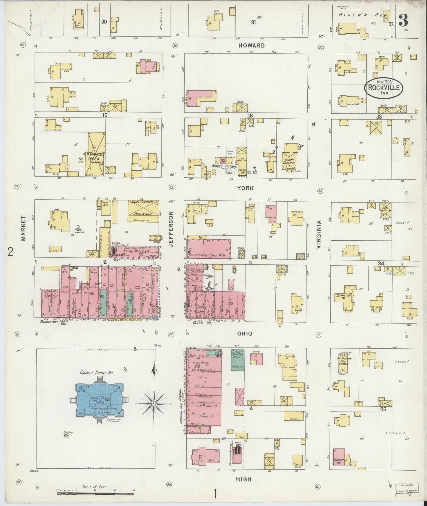 Sanborn Fire Insurance Map from Rockville, Parke County, Indiana (1898), Sheet #0003 - Complete Map Set gallery image, historic Sanborn map, vintage wall art, Indiana Indiana
