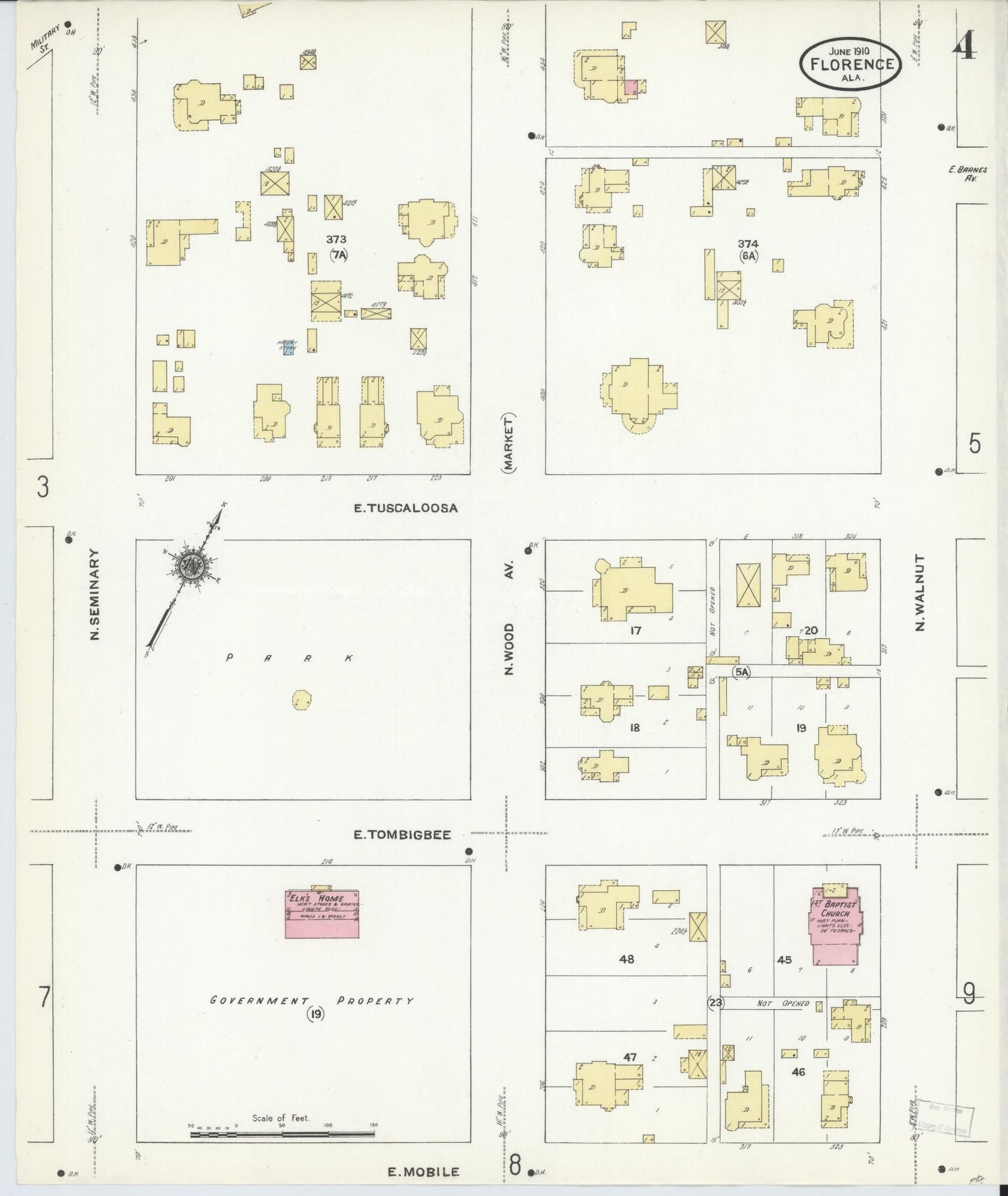 Sanborn Fire Insurance Map from Florence, Lauderdale County, Alabama (1910), Sheet #0004 - Historic Sanborn Fire Insurance Map Print, vintage old map wall art, antique decor, genealogy gift, Alabama Alabama map