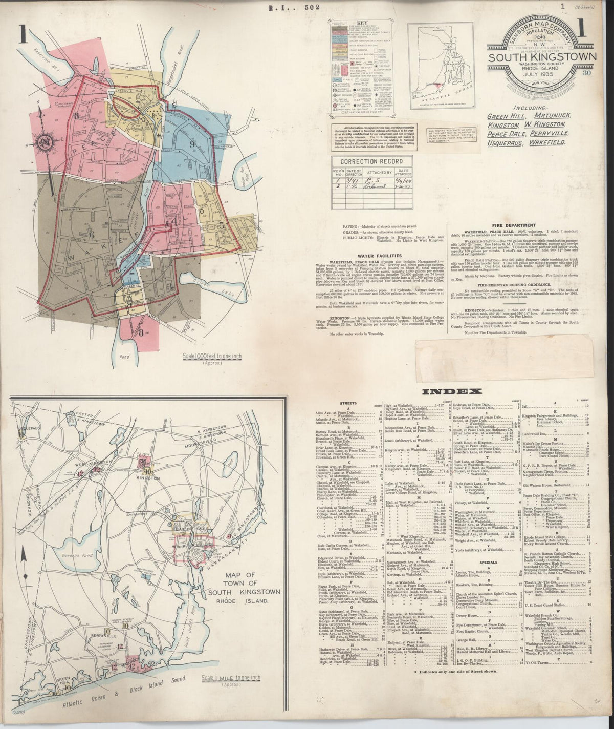 Sanborn Fire Insurance Map from South Kingstown, Washington County, Rhode Island (1946), Sheet #0001 - Historic Sanborn Fire Insurance Map Print, vintage old map wall art, antique decor, genealogy gift, Rhode Island Rhode Island map