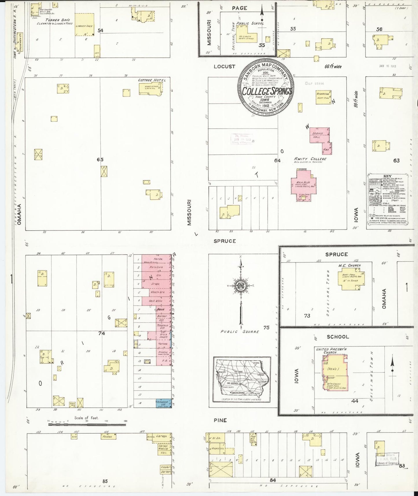 Sanborn Fire Insurance Map from College Springs, Page County, Iowa (1912), Sheet #0001 - Historic Sanborn Fire Insurance Map Print, vintage old map wall art