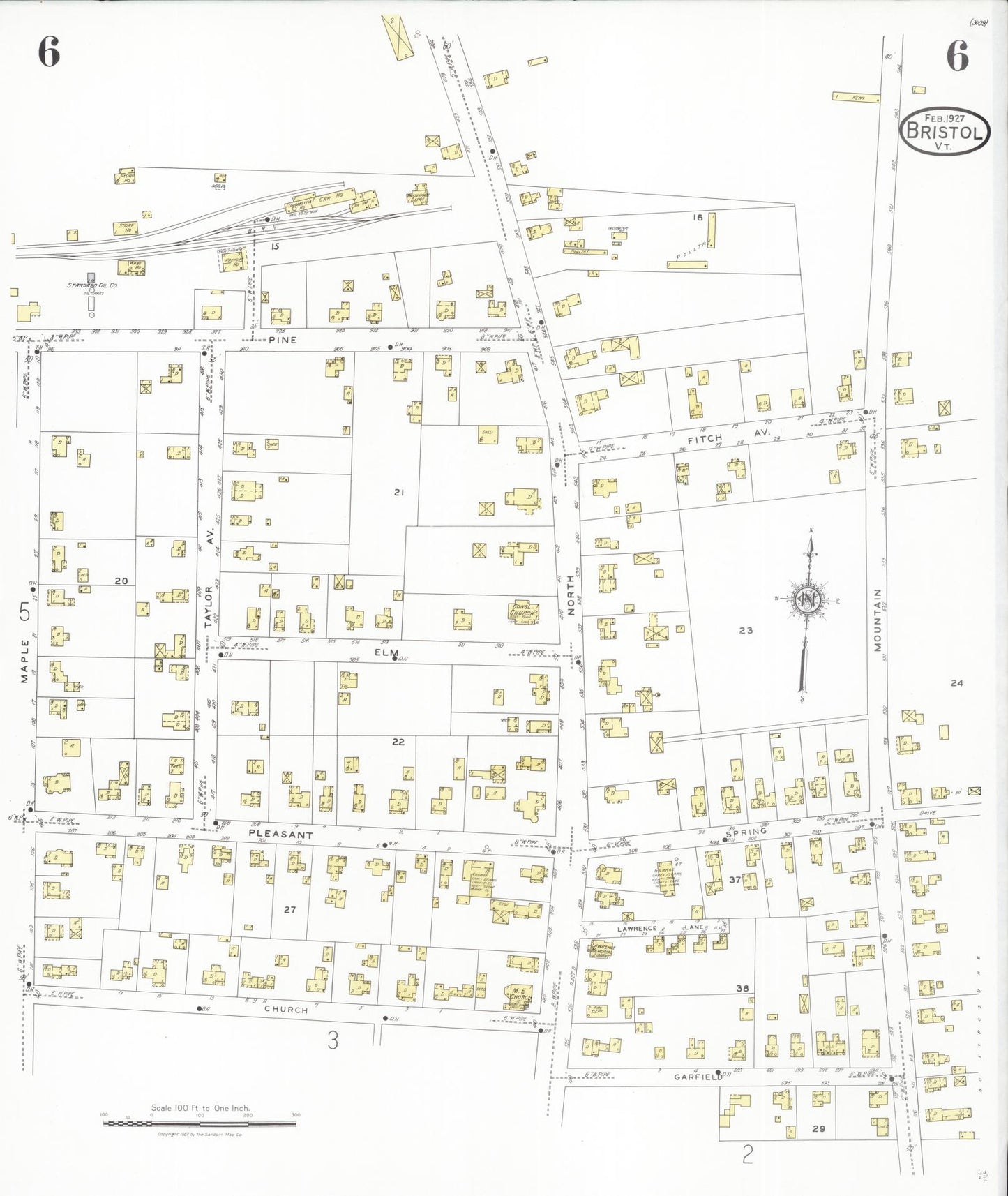 Sanborn Fire Insurance Map from Bristol, Addison County, Vermont (1927), Sheet #0006 - Historic Sanborn Fire Insurance Map Print, vintage old map wall art, antique decor, genealogy gift, Vermont Vermont map