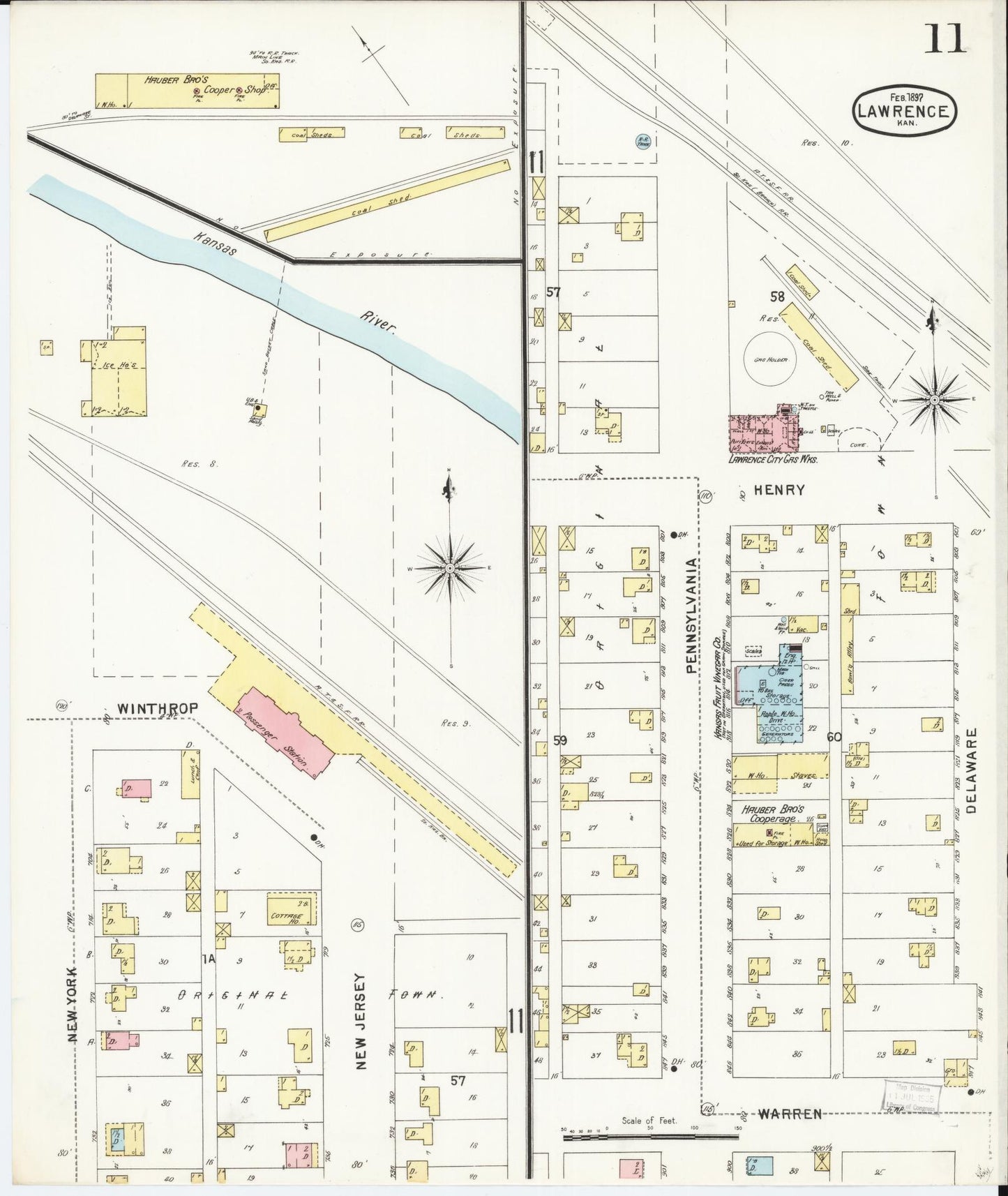 Sanborn Fire Insurance Map from Lawrence, Douglas County, Kansas (1897), Sheet #0011 - Historic Sanborn Fire Insurance Map Print, vintage old map wall art, antique decor, genealogy gift, Kansas Kansas map