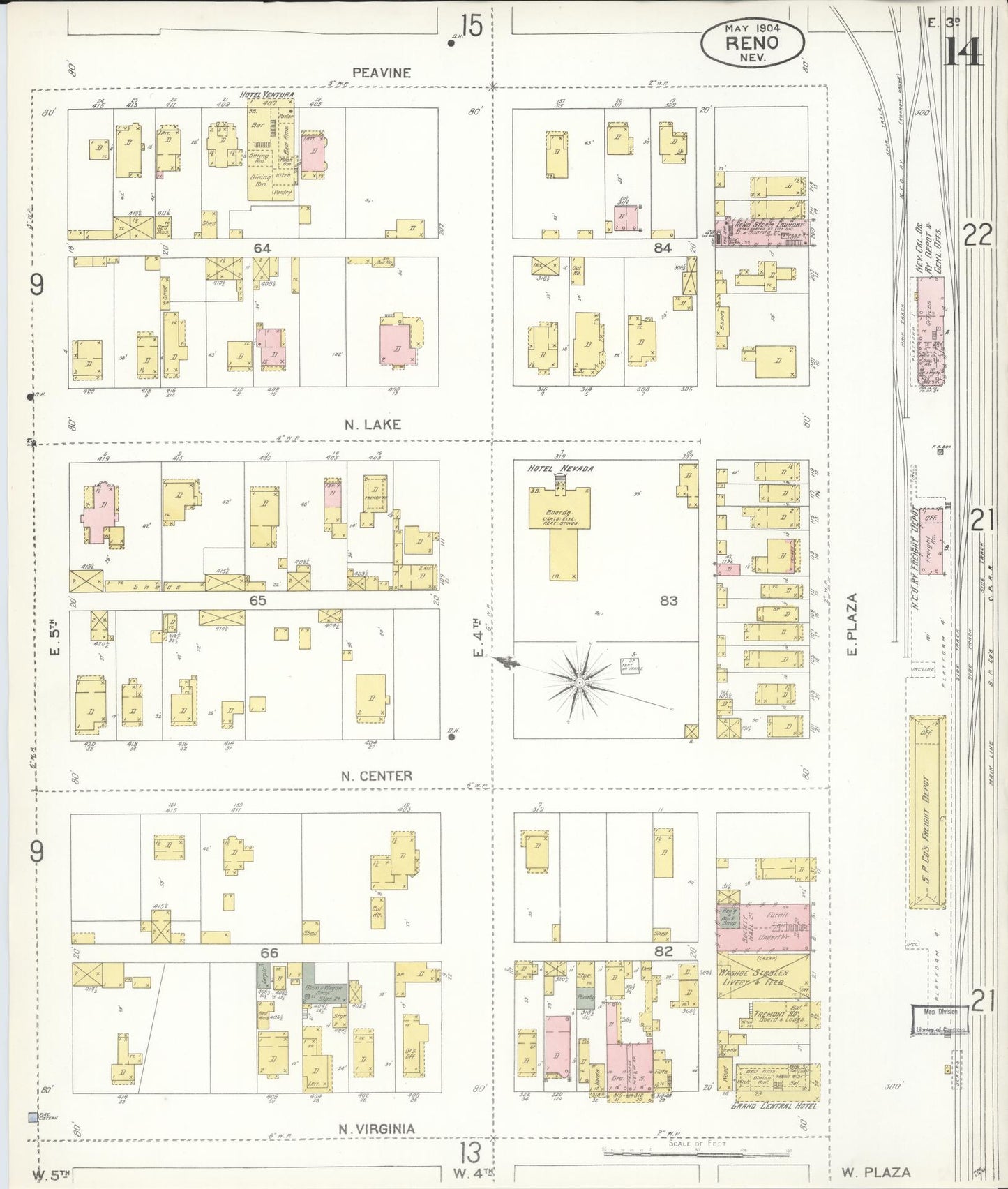 Sanborn Fire Insurance Map from Reno, Washoe County, Nevada (1904), Sheet #0014 - Historic Sanborn Fire Insurance Map Print, vintage old map wall art, antique decor, genealogy gift, Nevada Nevada map