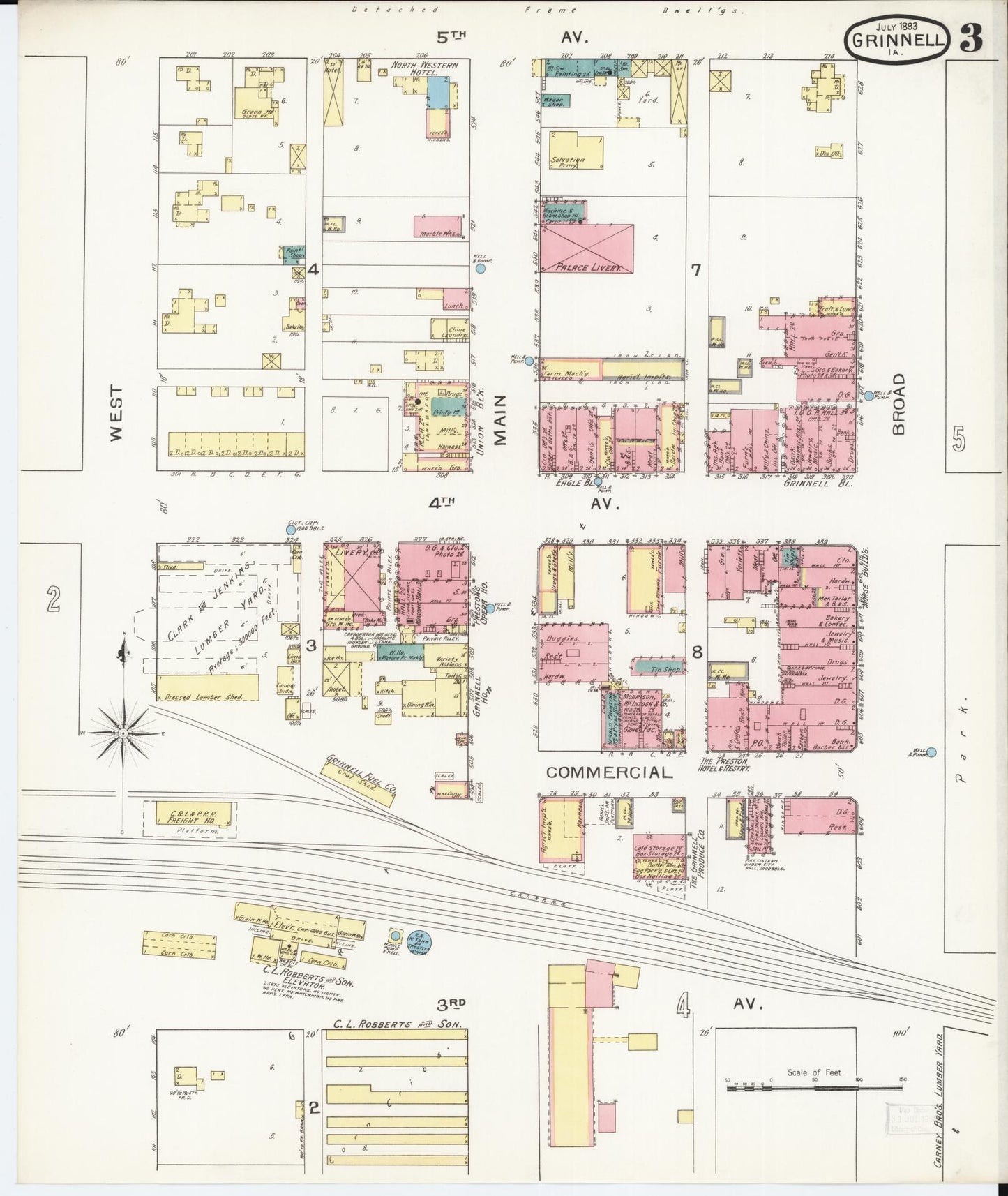 Sanborn Fire Insurance Map from Grinnell, Poweshiek County, Iowa (1893), Sheet #0003 - Historic Sanborn Fire Insurance Map Print, vintage old map wall art