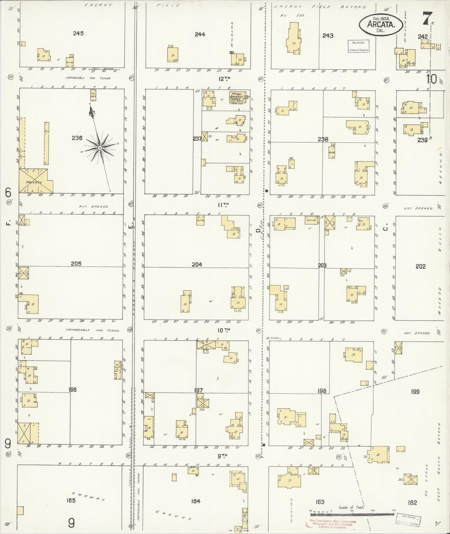 Sanborn Fire Insurance Map from Arcata, Humboldt County, California (1908), Sheet #0007 - Historic Sanborn Fire Insurance Map Print, vintage old map wall art, antique decor, genealogy gift, California California map