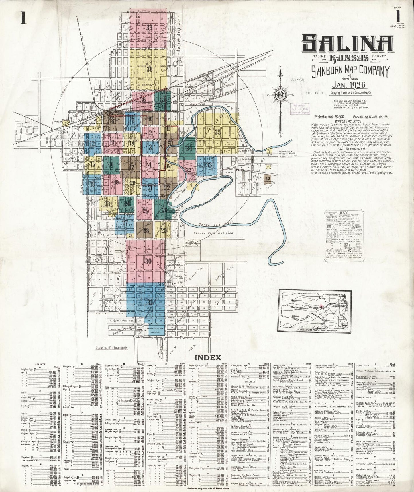 Sanborn Fire Insurance Map from Salina, Saline County, Kansas (1926), Sheet #0001 - Historic Sanborn Fire Insurance Map Print, vintage old map wall art, antique decor, genealogy gift, Kansas Kansas map