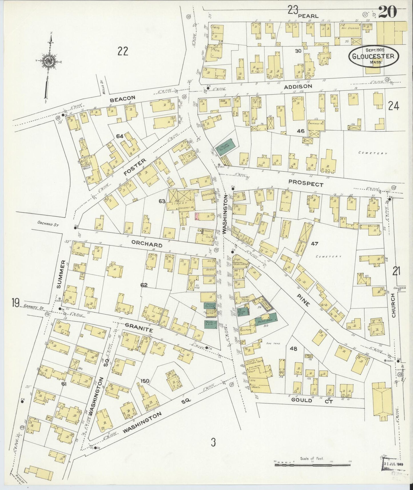 Sanborn Fire Insurance Map from Gloucester, Essex County, Massachusetts (1909), Sheet #0020 - Historic Sanborn Fire Insurance Map Print, vintage old map wall art, antique decor, genealogy gift, Massachusetts Massachusetts map