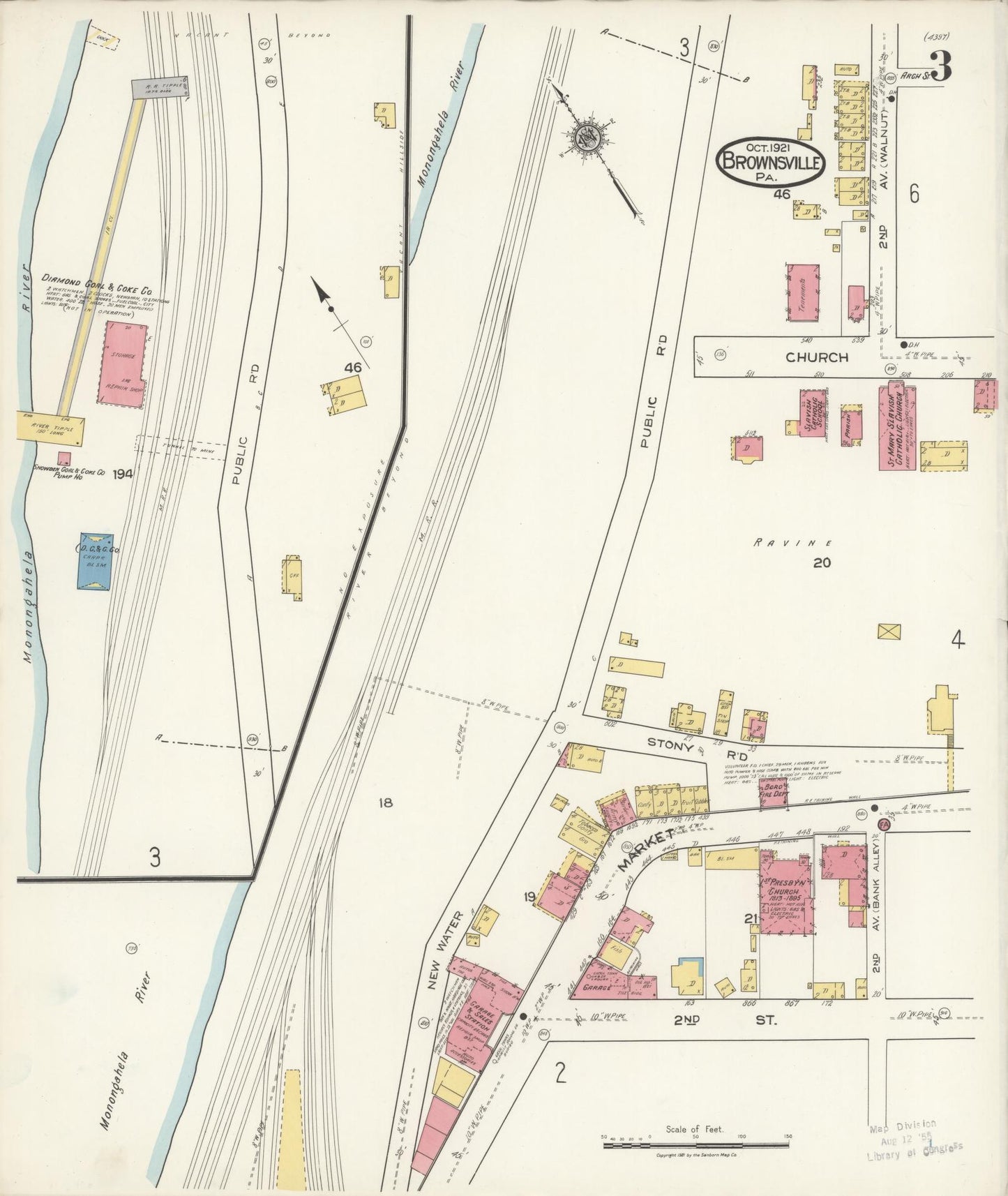 Sanborn Fire Insurance Map from Brownsville, Fayette County, Pennsylvania (1921), Sheet #0003 - Historic Sanborn Fire Insurance Map Print, vintage old map wall art, antique decor, genealogy gift, Pennsylvania Pennsylvania map