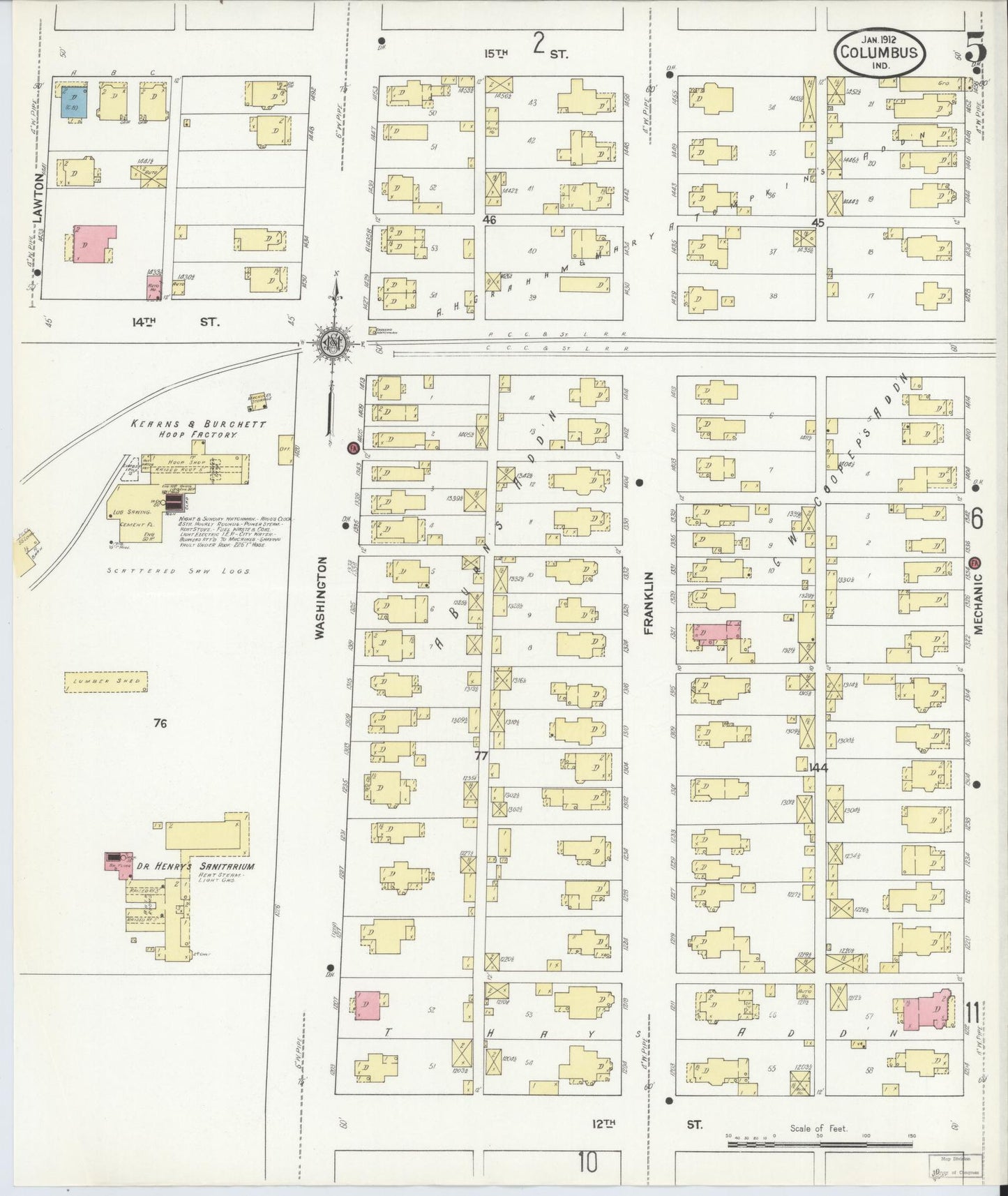 Sanborn Fire Insurance Map from Columbus, Bartholomew County, Indiana (1912), Sheet #0005 - Historic Sanborn Fire Insurance Map Print, vintage old map wall art, antique decor, genealogy gift, Indiana Indiana map