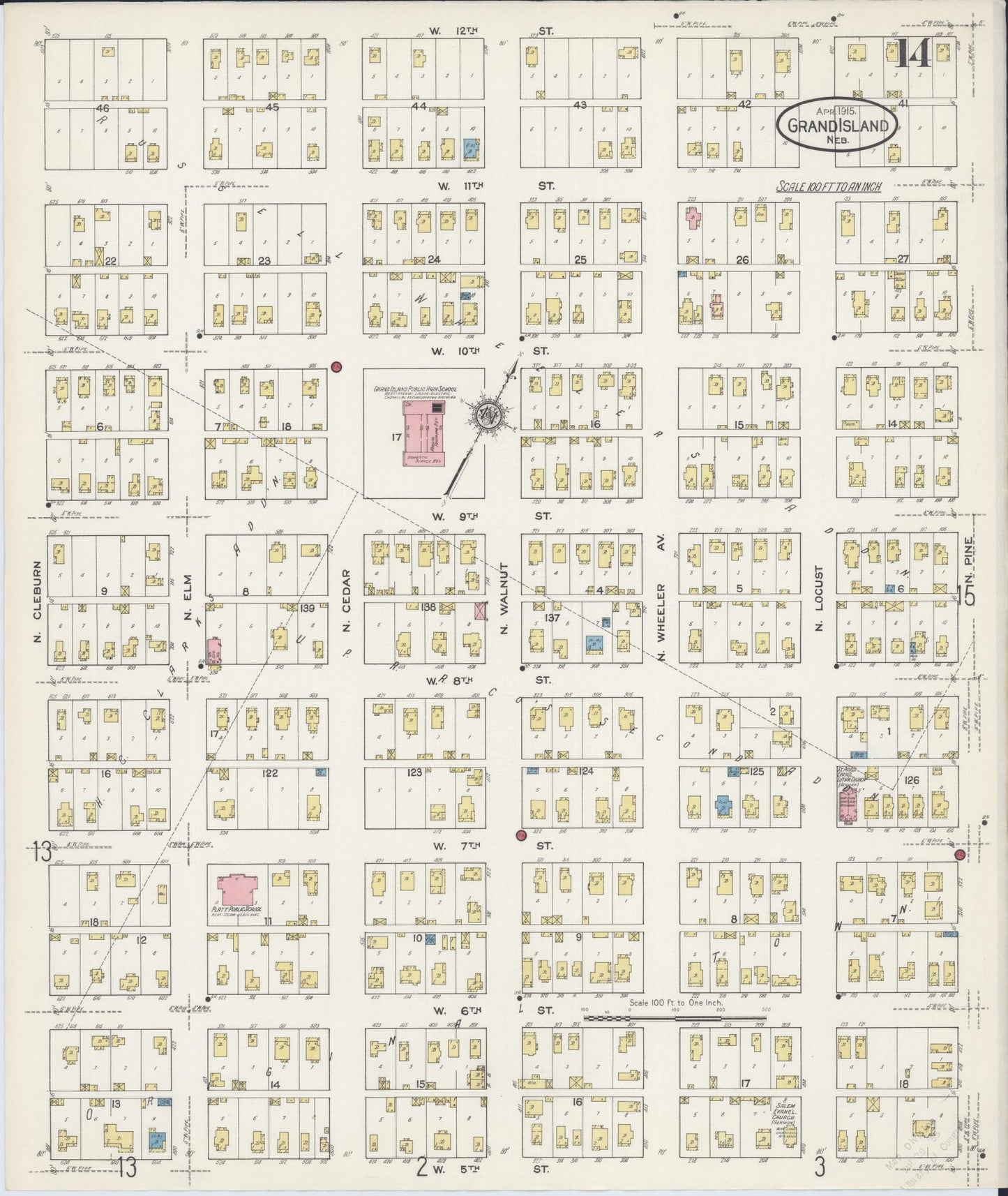 Sanborn Fire Insurance Map from Grand Island, Hall County, Nebraska (1915), Sheet #0014 - Historic Sanborn Fire Insurance Map Print, vintage old map wall art, antique decor, genealogy gift, Nebraska Nebraska map