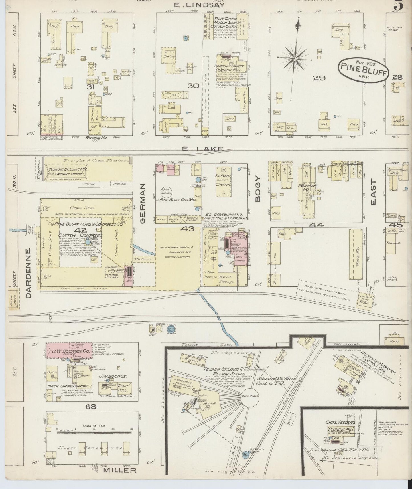 Sanborn Fire Insurance Map from Pine Bluff, Jefferson County, Arkansas (1885), Sheet #0005 - Historic Sanborn Fire Insurance Map Print, vintage old map wall art, antique decor, genealogy gift, Arkansas Arkansas map