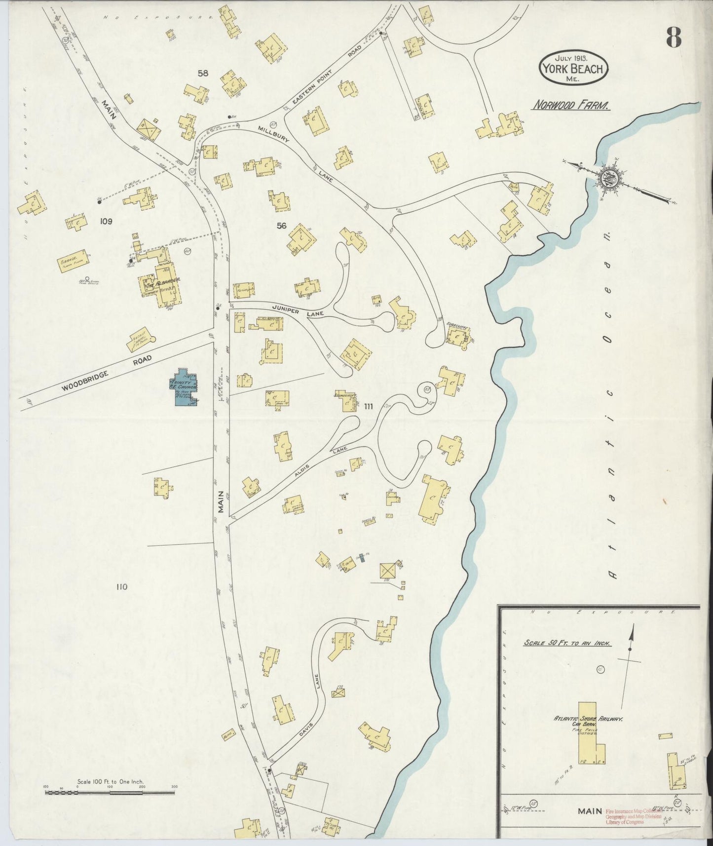 Sanborn Fire Insurance Map from York Beach, York County, Maine (1913), Sheet #0008 - Complete Map Set gallery image, historic Sanborn map, vintage wall art, Maine Maine
