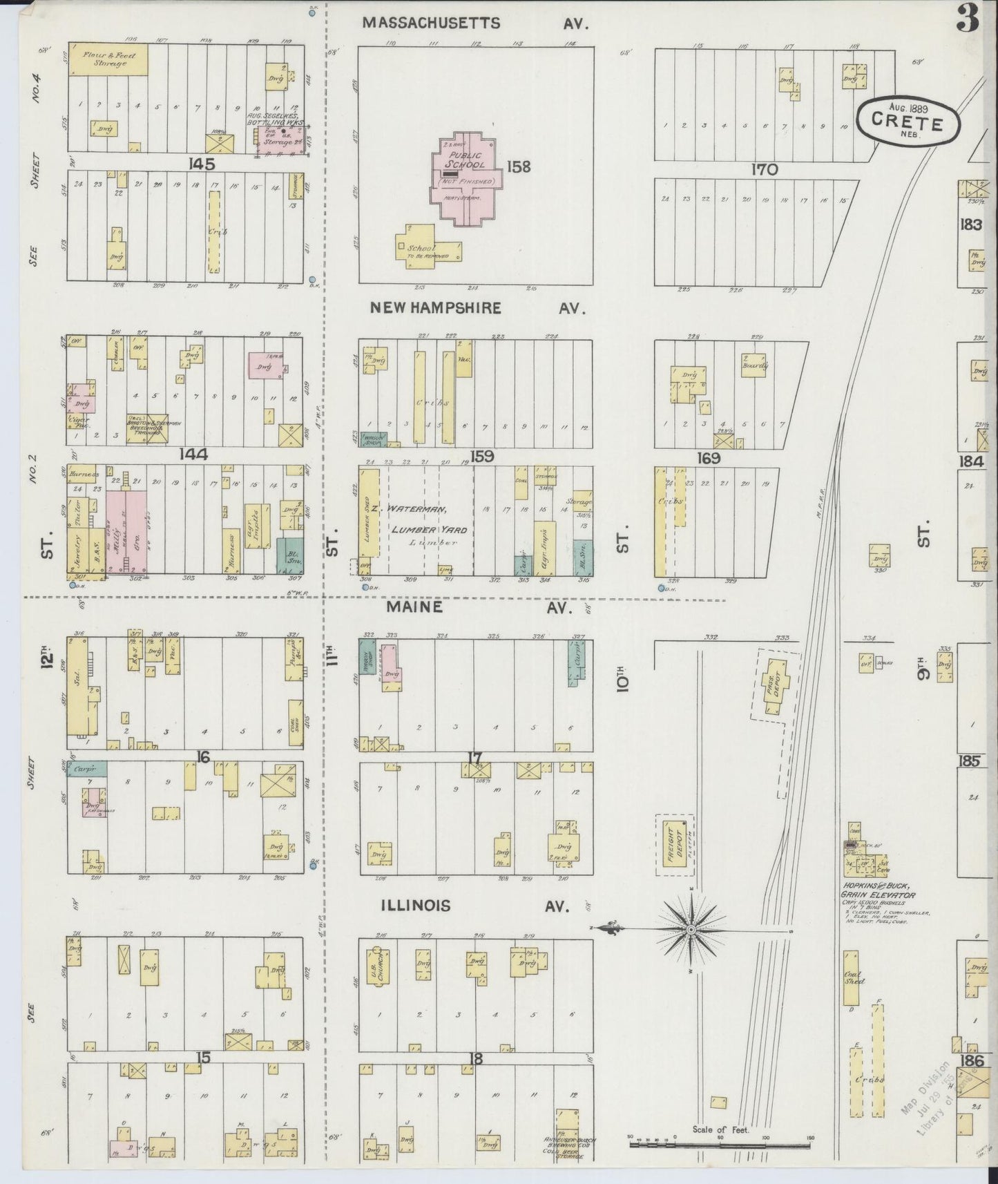 Sanborn Fire Insurance Map from Crete, Saline County, Nebraska (1889), Sheet #0003 - Historic Sanborn Fire Insurance Map Print, vintage old map wall art, antique decor, genealogy gift, Nebraska Nebraska map