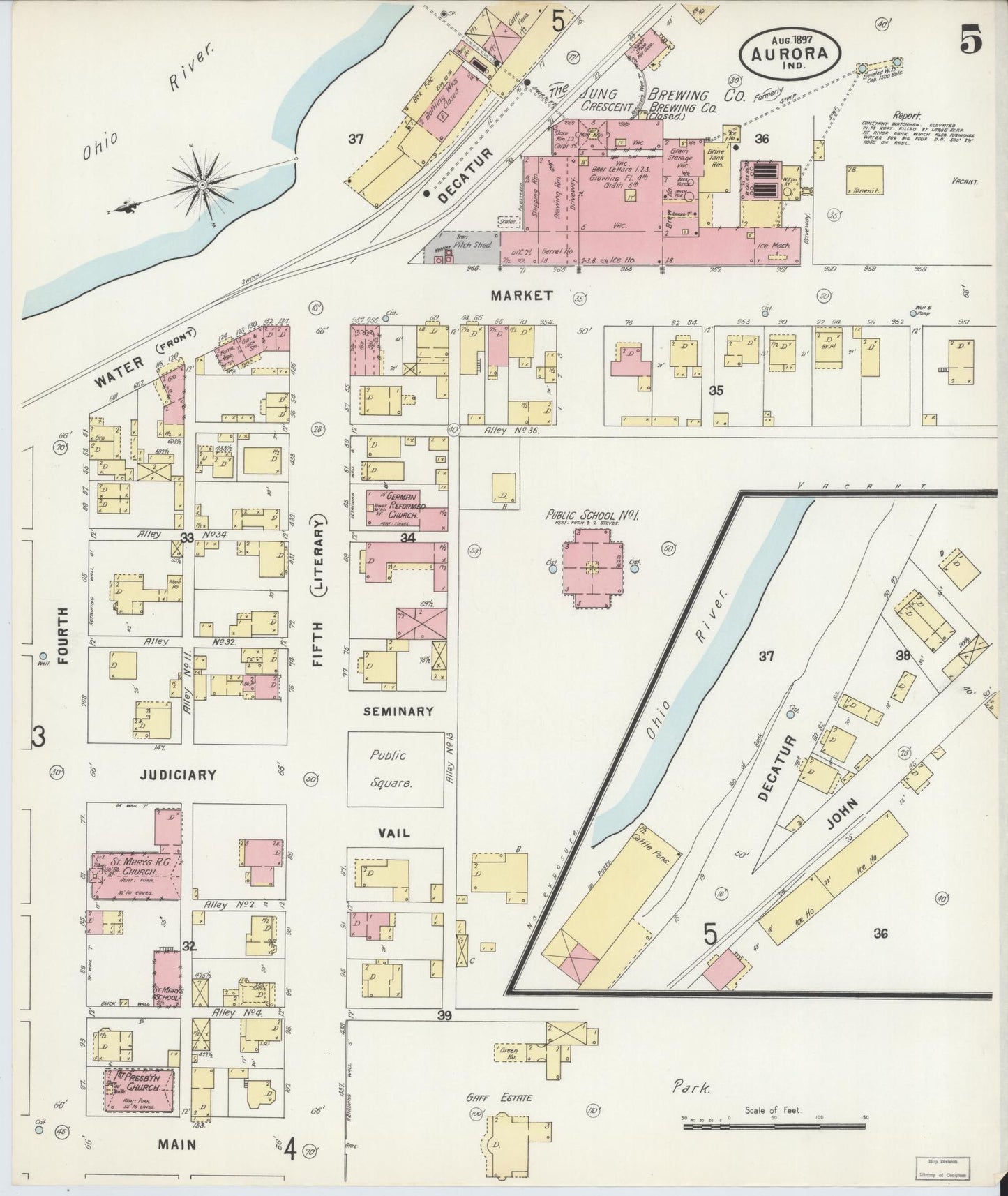 Sanborn Fire Insurance Map from Aurora, Dearborn County, Indiana (1897), Sheet #0005 - Historic Sanborn Fire Insurance Map Print, vintage old map wall art, antique decor, genealogy gift, Indiana Indiana map
