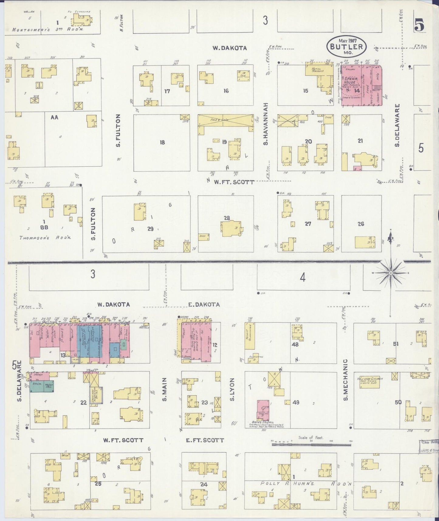 Sanborn Fire Insurance Map from Butler, Bates County, Missouri (1907), Sheet #0005 - Historic Sanborn Fire Insurance Map Print, vintage old map wall art, antique decor, genealogy gift, Missouri Missouri map