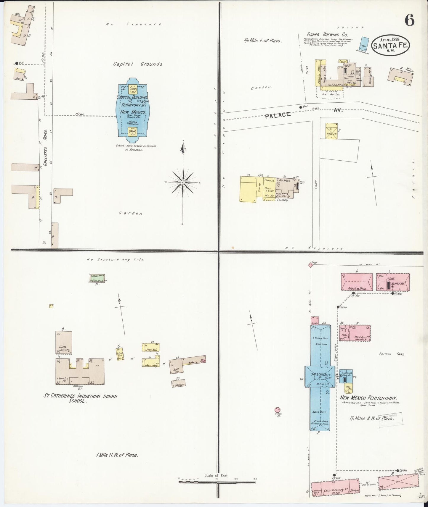 Sanborn Fire Insurance Map from Santa Fe, Santa Fe County, New Mexico (1898), Sheet #0006 - Historic Sanborn Fire Insurance Map Print, vintage old map wall art, antique decor, genealogy gift, New Mexico New Mexico map