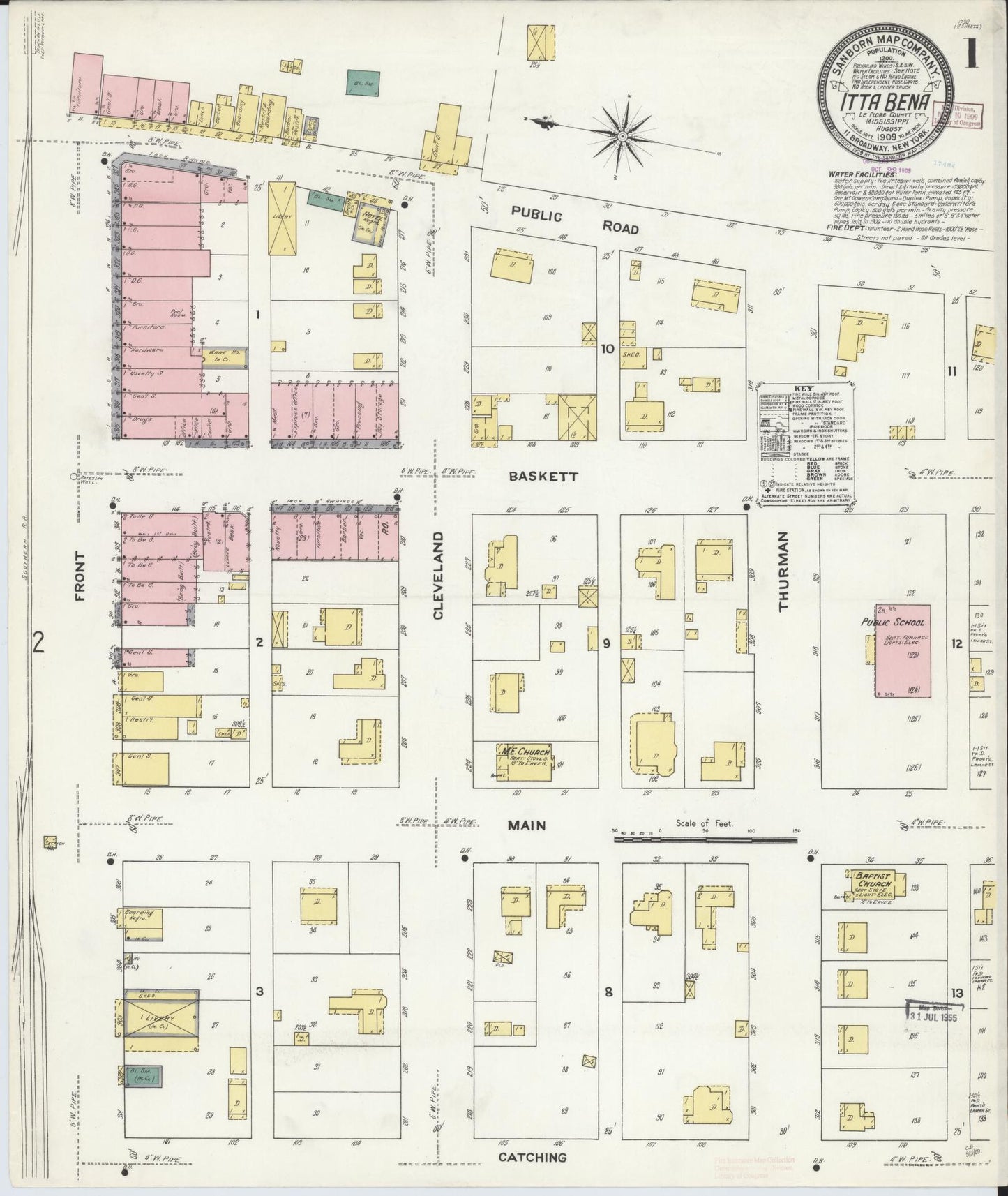 Sanborn Fire Insurance Map from Itta Bena, Leflore County, Mississippi (1909), Sheet #0001 - Historic Sanborn Fire Insurance Map Print, vintage old map wall art, antique decor, genealogy gift, Mississippi Mississippi map