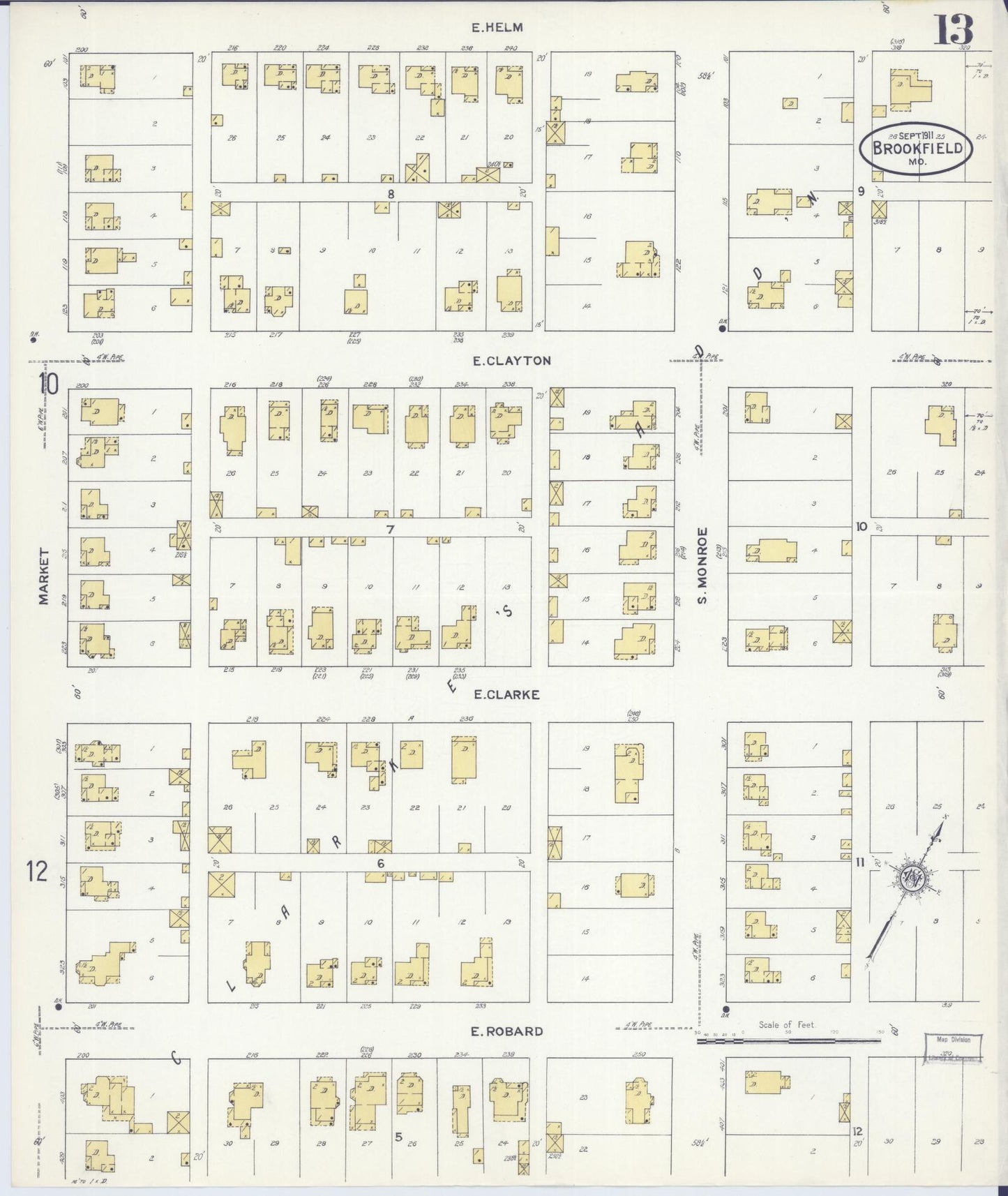 Sanborn Fire Insurance Map from Brookfield, Linn County, Missouri (1911), Sheet #0013 - Historic Sanborn Fire Insurance Map Print, vintage old map wall art, antique decor, genealogy gift, Missouri Missouri map