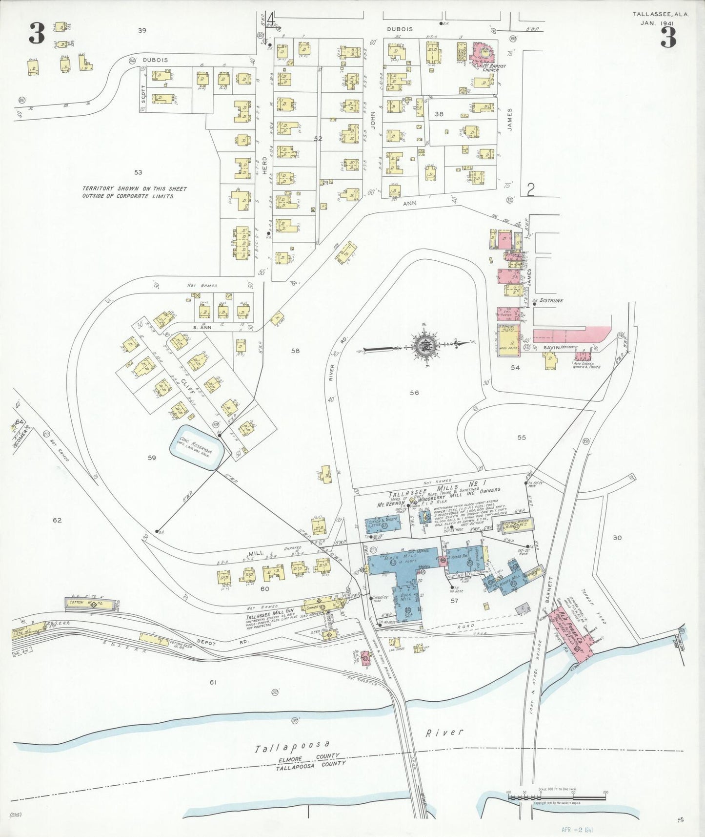 Sanborn Fire Insurance Map from Tallassee, Elmore And Tallapoosa Counties, Alabama (1941), Sheet #0003 - Historic Sanborn Fire Insurance Map Print, vintage old map wall art, antique decor, genealogy gift, Alabama Alabama map