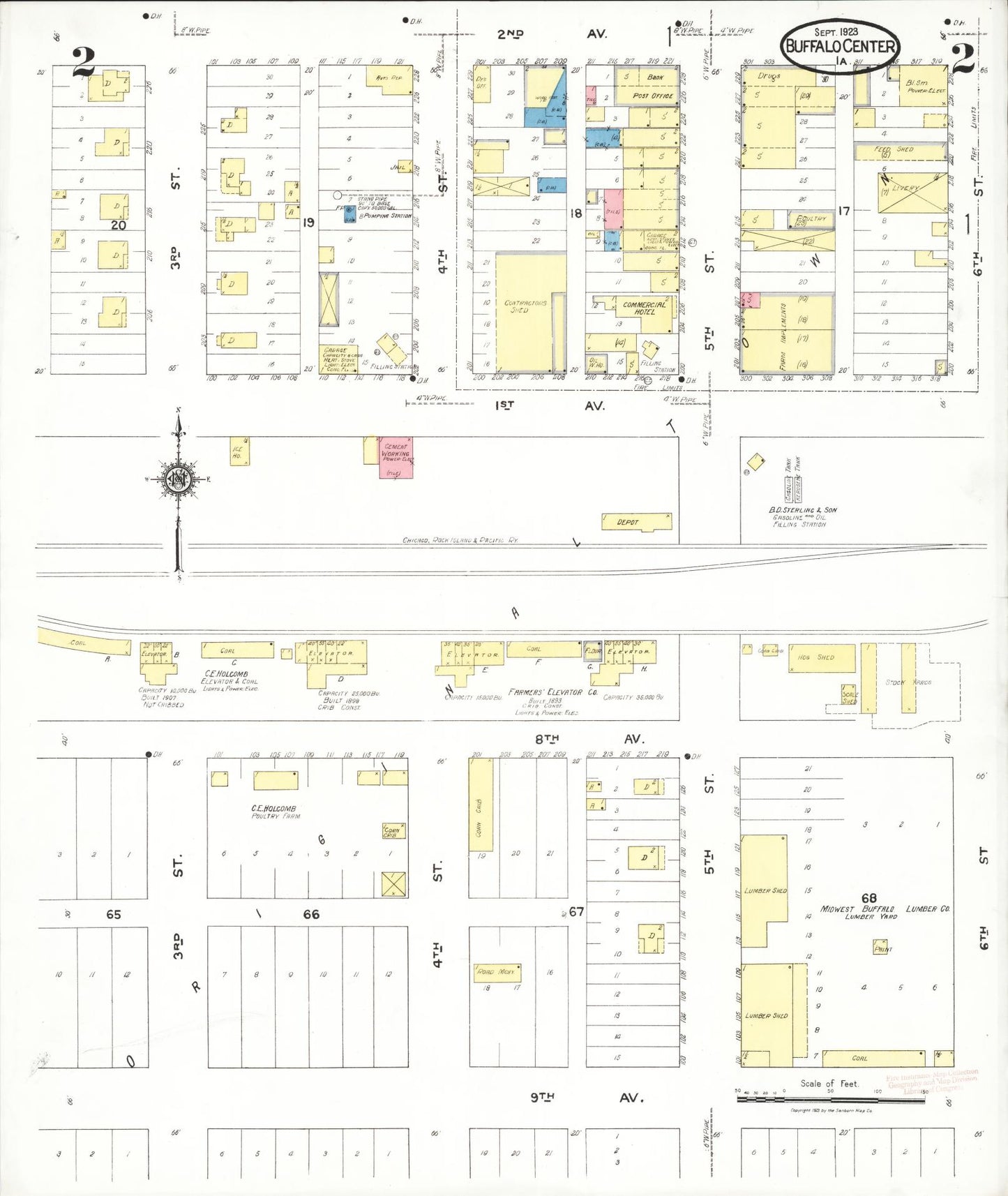 Sanborn Fire Insurance Map from Buffalo Center, Winnebago County, Iowa (1923), Sheet #0002 - Historic Sanborn Fire Insurance Map Print, vintage old map wall art