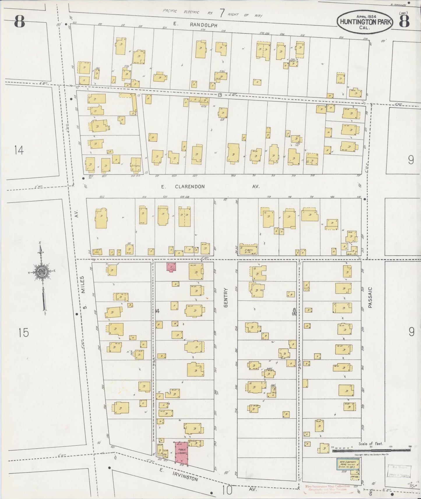 Sanborn Fire Insurance Map from Huntington Park, Los Angeles County, California (1924), Sheet #0008 - Historic Sanborn Fire Insurance Map Print, vintage old map wall art, antique decor, genealogy gift, California California map