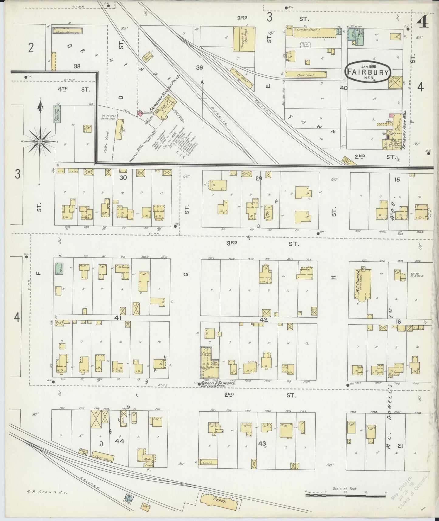 Sanborn Fire Insurance Map from Fairbury, Jefferson County, Nebraska (1896), Sheet #0004 - Complete Map Set gallery image, historic Sanborn map, vintage wall art, Nebraska Nebraska