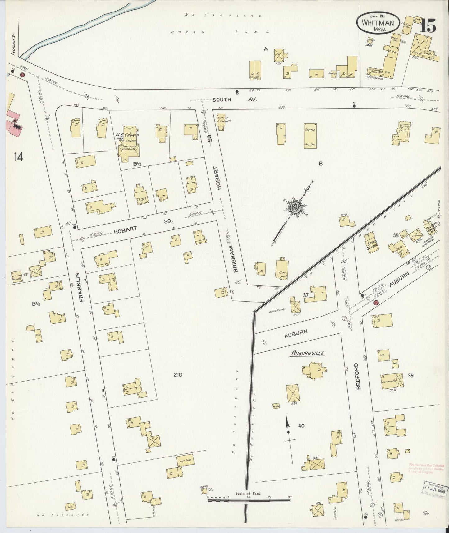 Sanborn Fire Insurance Map from Whitman, Plymouth County, Massachusetts (1911), Sheet #0015 - Historic Sanborn Fire Insurance Map Print, vintage old map wall art, antique decor, genealogy gift, Massachusetts Massachusetts map