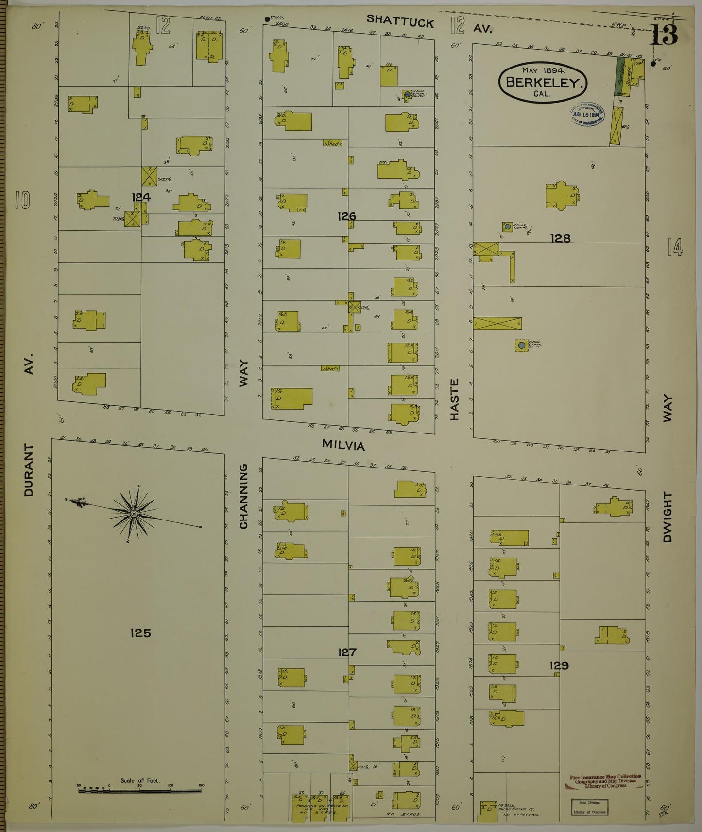 Sanborn Fire Insurance Map from Berkeley, Alameda County, California (1894), Sheet #0013 - Historic Sanborn Fire Insurance Map Print, vintage old map wall art, antique decor, genealogy gift, California California map