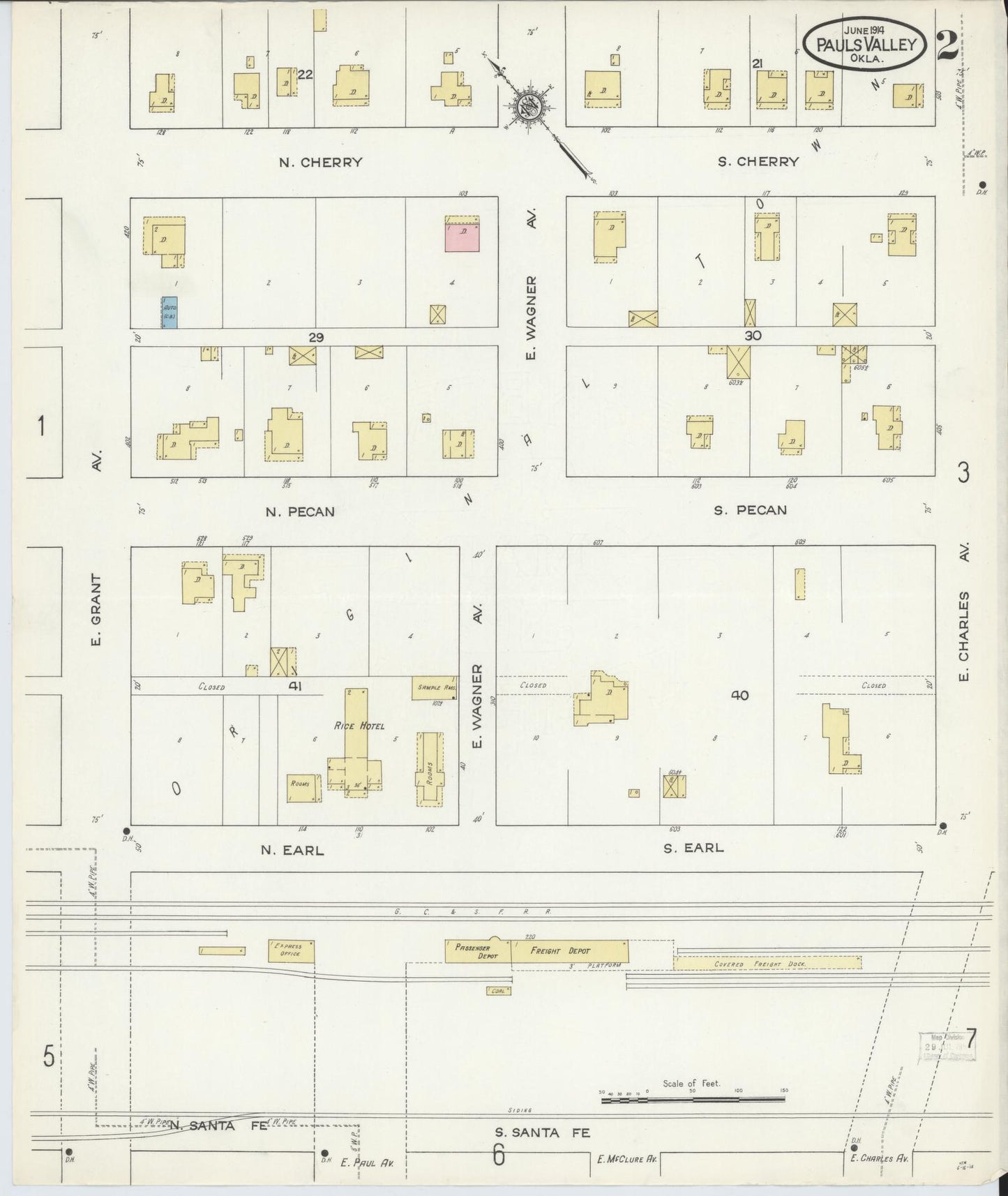 Sanborn Fire Insurance Map from Pauls Valley, Garvin County, Oklahoma (1914), Sheet #0002 - Historic Sanborn Fire Insurance Map Print, vintage old map wall art, antique decor, genealogy gift, Oklahoma Oklahoma map