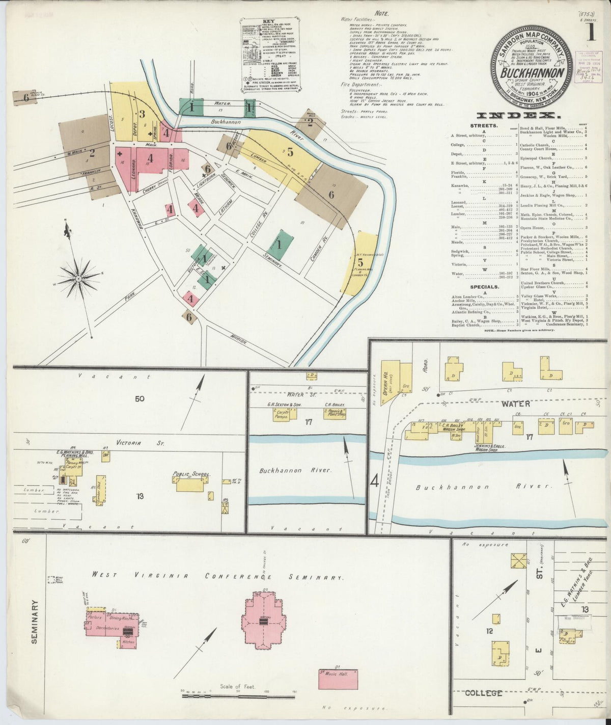 Sanborn Fire Insurance Map from Buckhannon, Upshur County, West Virginia (1904), Sheet #0001 - Historic Sanborn Fire Insurance Map Print, vintage old map wall art, antique decor, genealogy gift, West Virginia West Virginia map