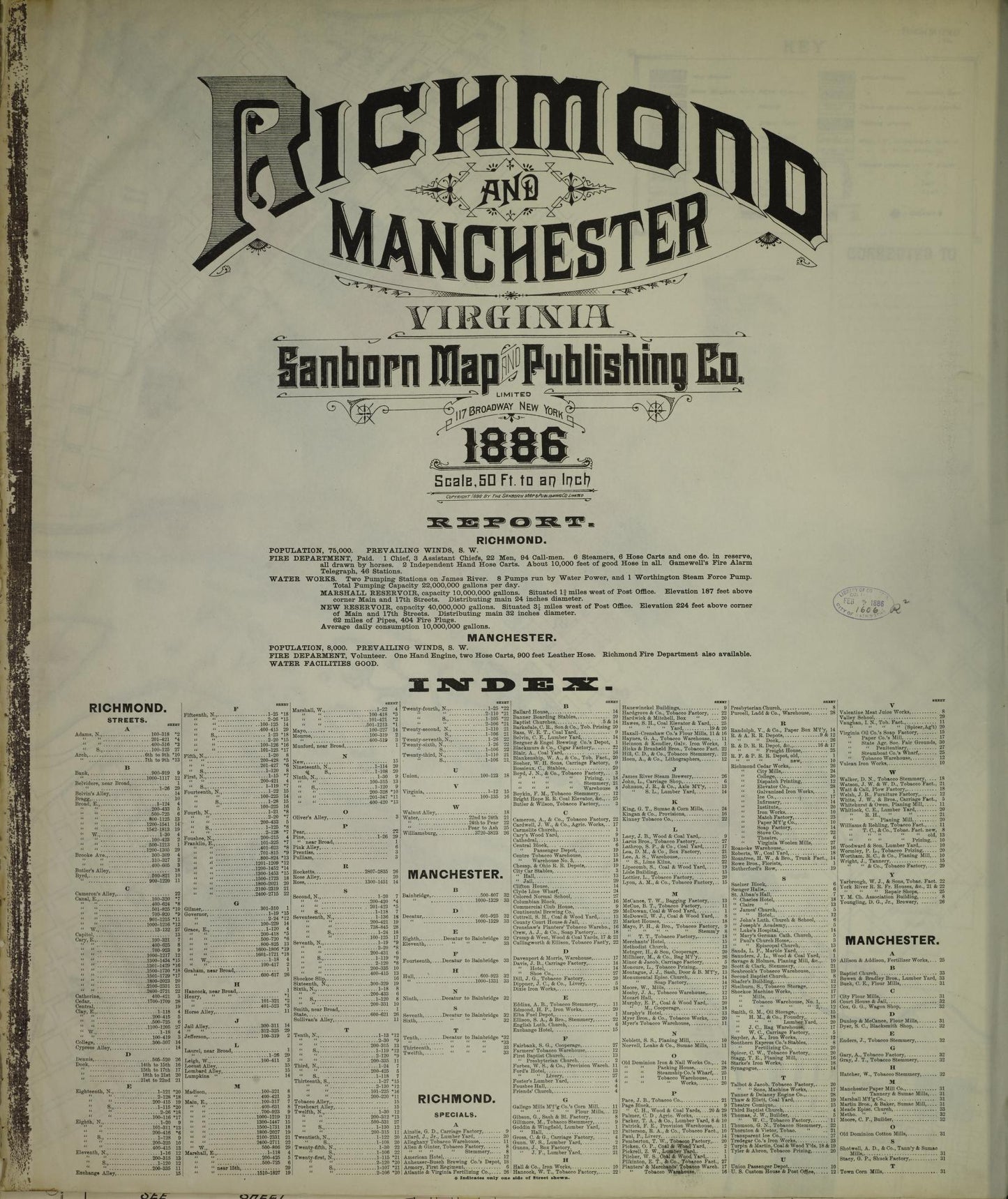 Sanborn Fire Insurance Map from Richmond, Independent Cities, Virginia. (1886), Sheet 1 – Historic Sanborn Fire Insurance Map Print