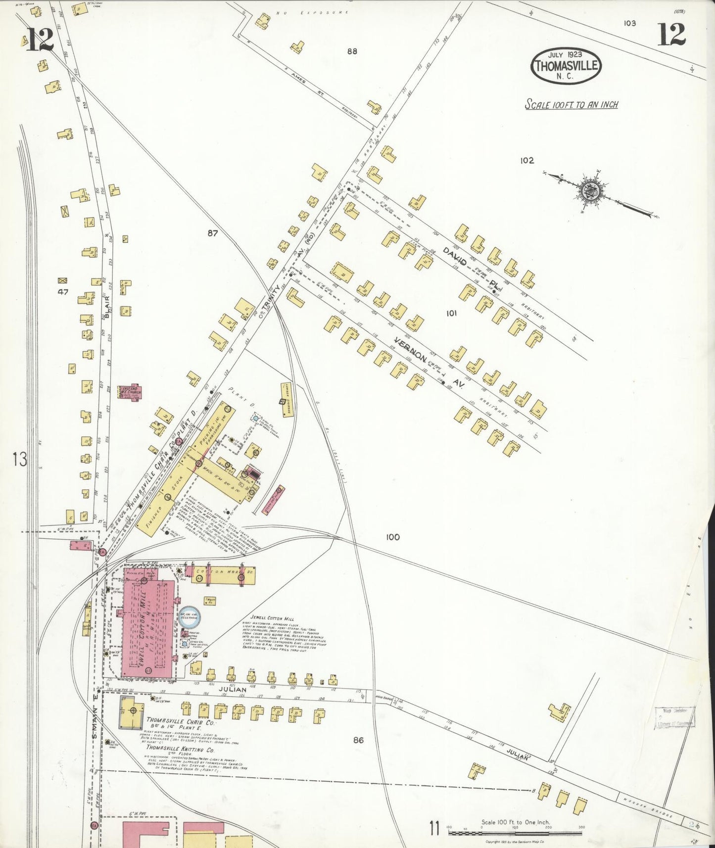 Sanborn Fire Insurance Map from Thomasville, Davidson County, North Carolina (1923), Sheet #0012 - Historic Sanborn Fire Insurance Map Print, vintage old map wall art, antique decor, genealogy gift, North Carolina North Carolina map