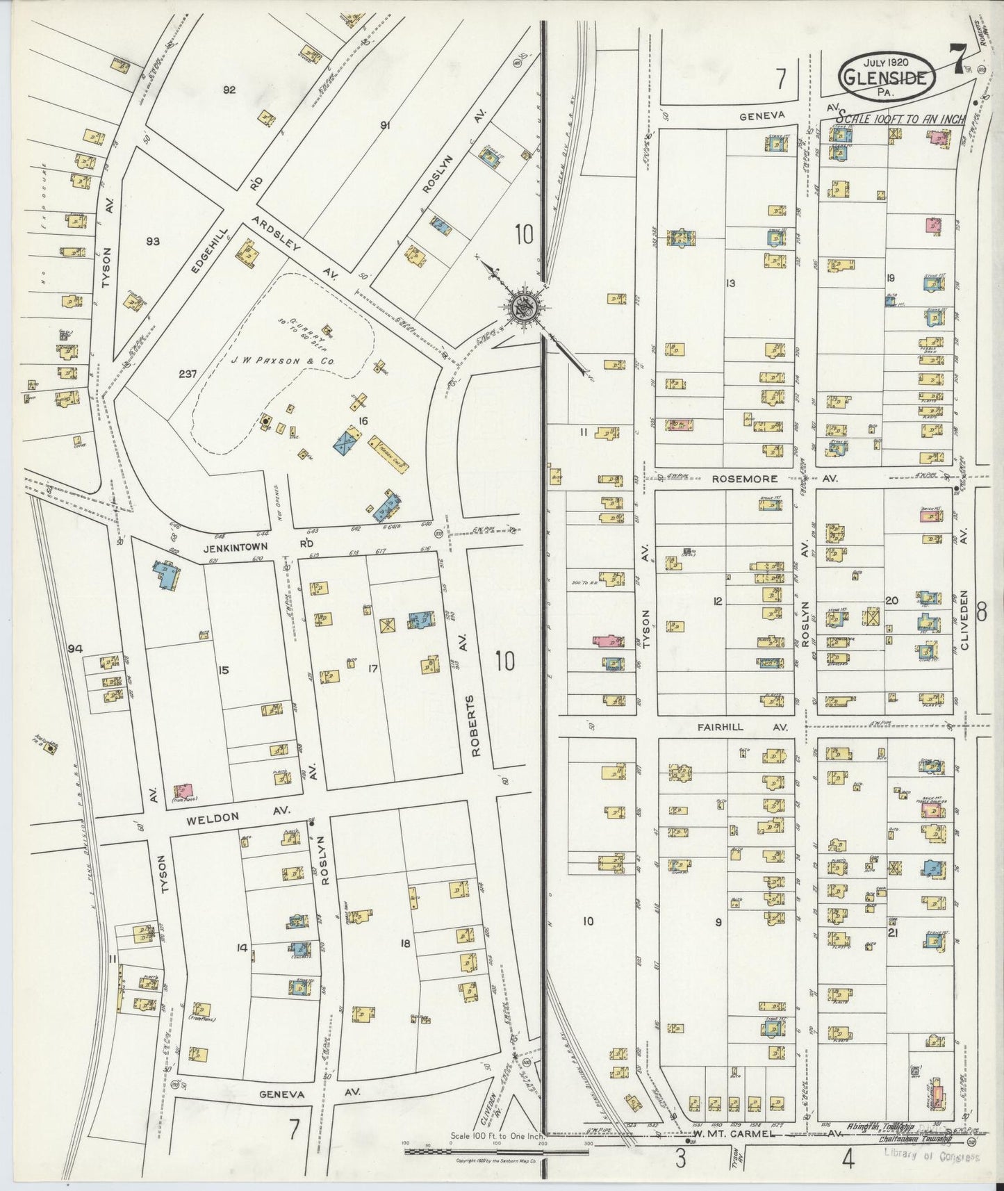 Sanborn Fire Insurance Map from Glenside, Montgomery County, Pennsylvania (1920), Sheet #0007 - Historic Sanborn Fire Insurance Map Print, vintage old map wall art, antique decor, genealogy gift, Pennsylvania Pennsylvania map