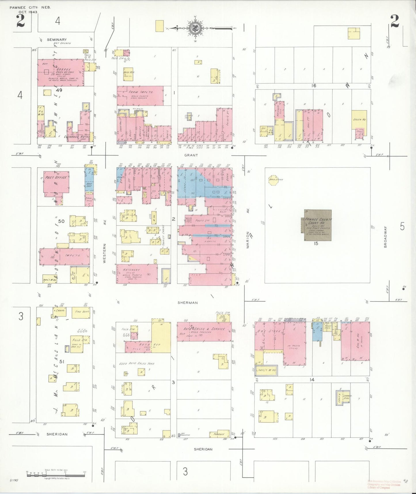 Sanborn Fire Insurance Map from Pawnee City, Pawnee County, Nebraska (1943), Sheet #0002 - Historic Sanborn Fire Insurance Map Print, vintage old map wall art, antique decor, genealogy gift, Nebraska Nebraska map